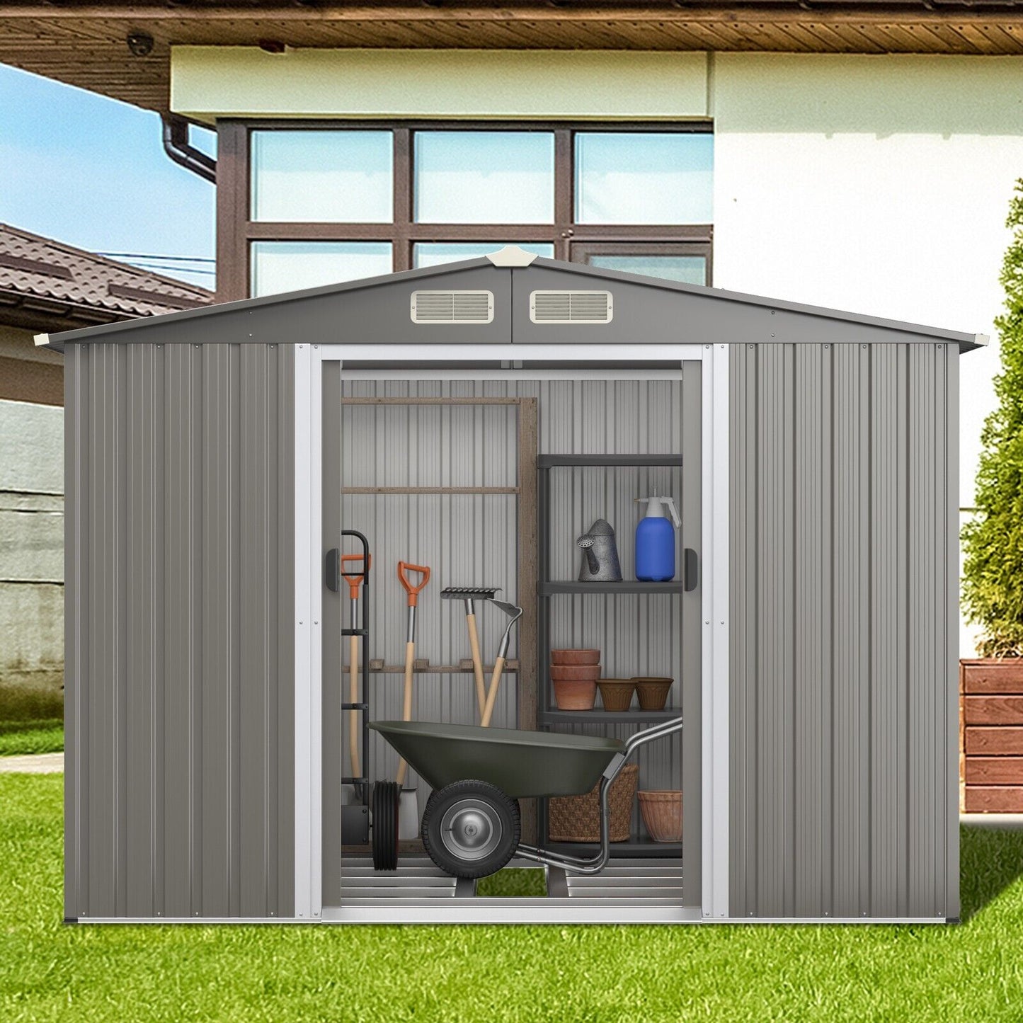 Outdoor Storage Shed with Foundation for Garden Yard-Dark Grey