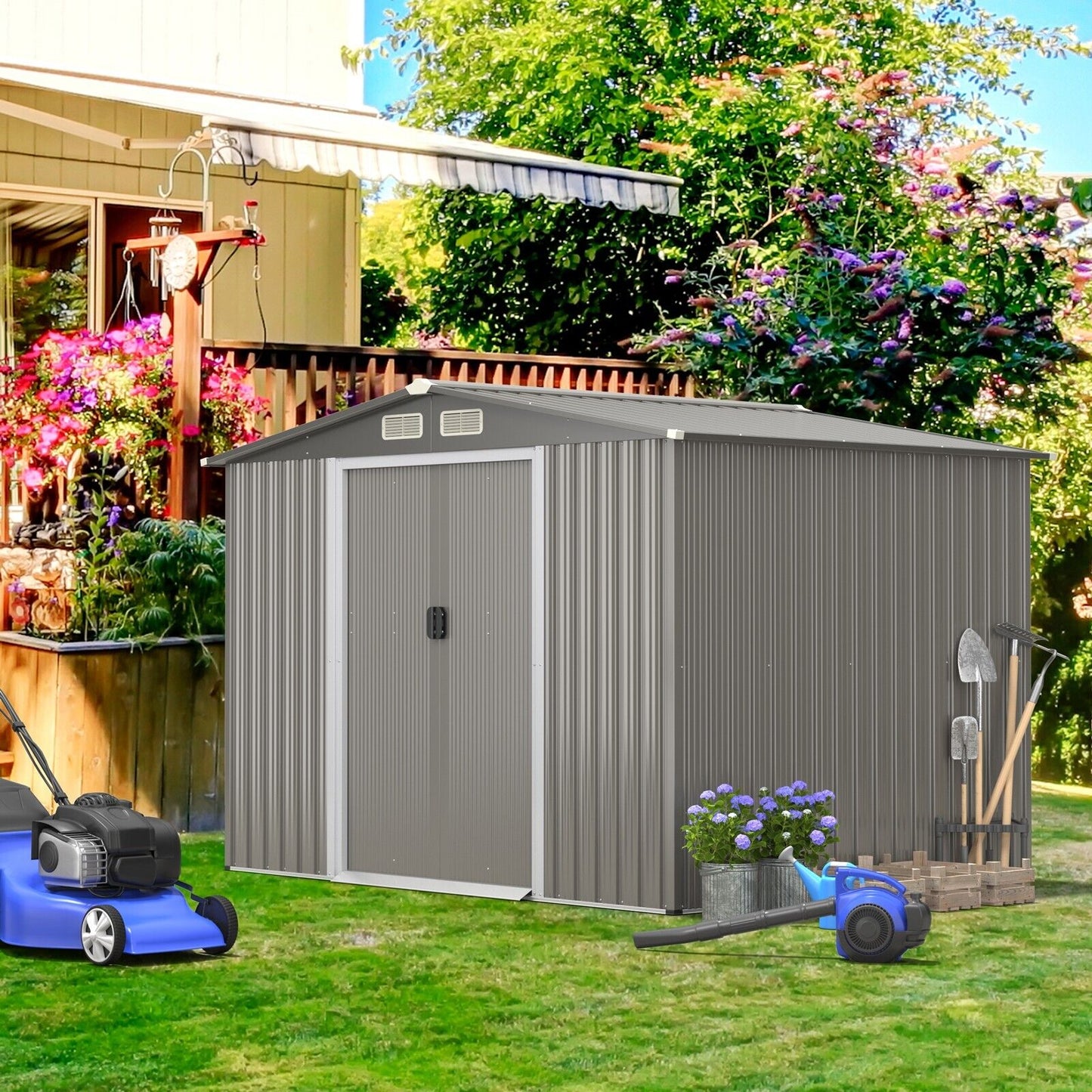 Outdoor Storage Shed with Foundation for Garden Yard-Dark Grey