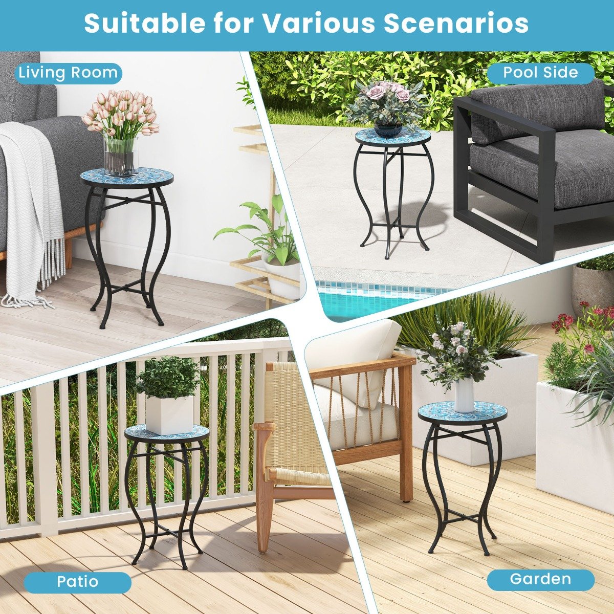 35 cm Round Patio End Table with Ceramic Tile Top