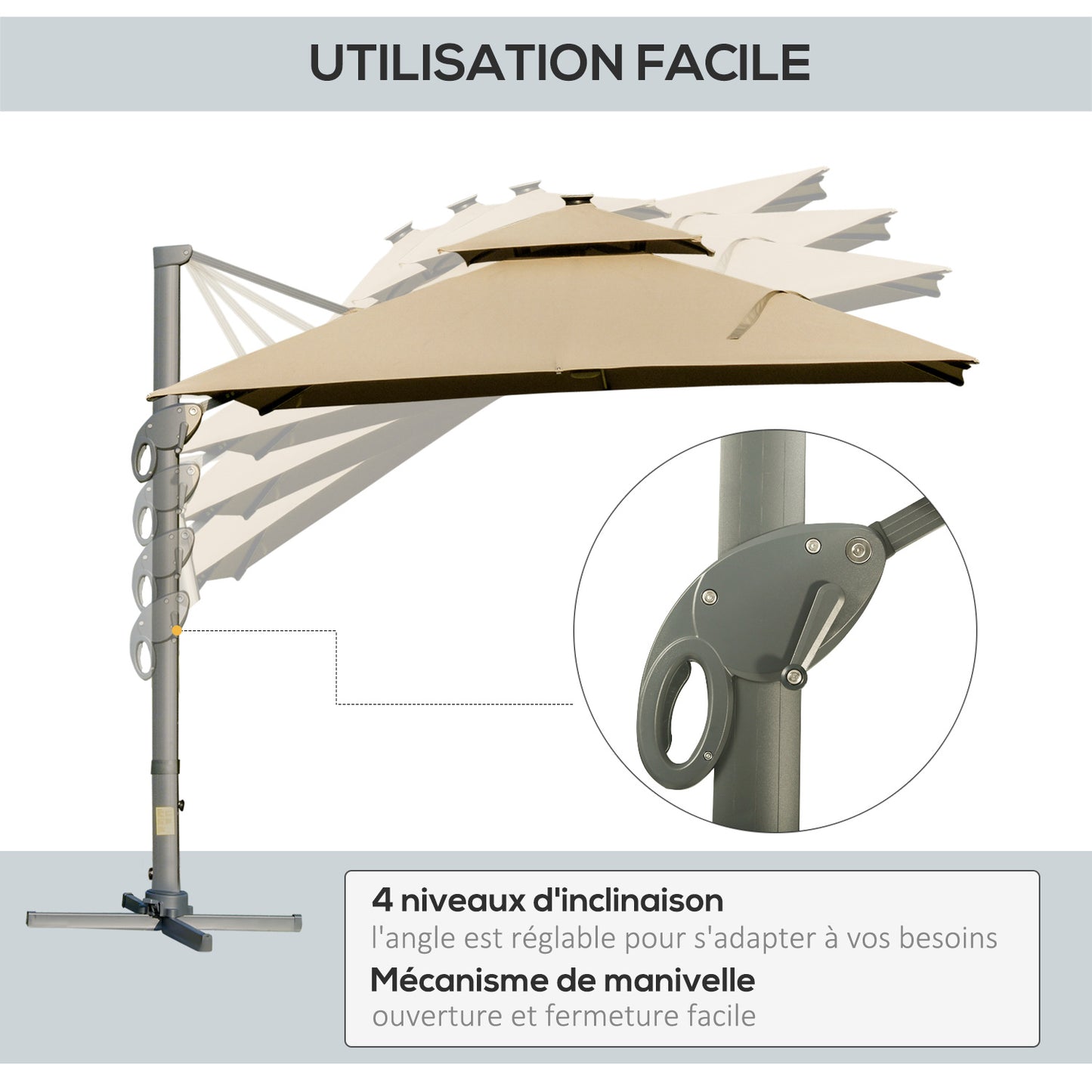 Outsunny 3 x 3(m) Aluminiowy kwadratowy daszek przeciwsłoneczny z regulowanym kątem nachylenia słupka Khaki
