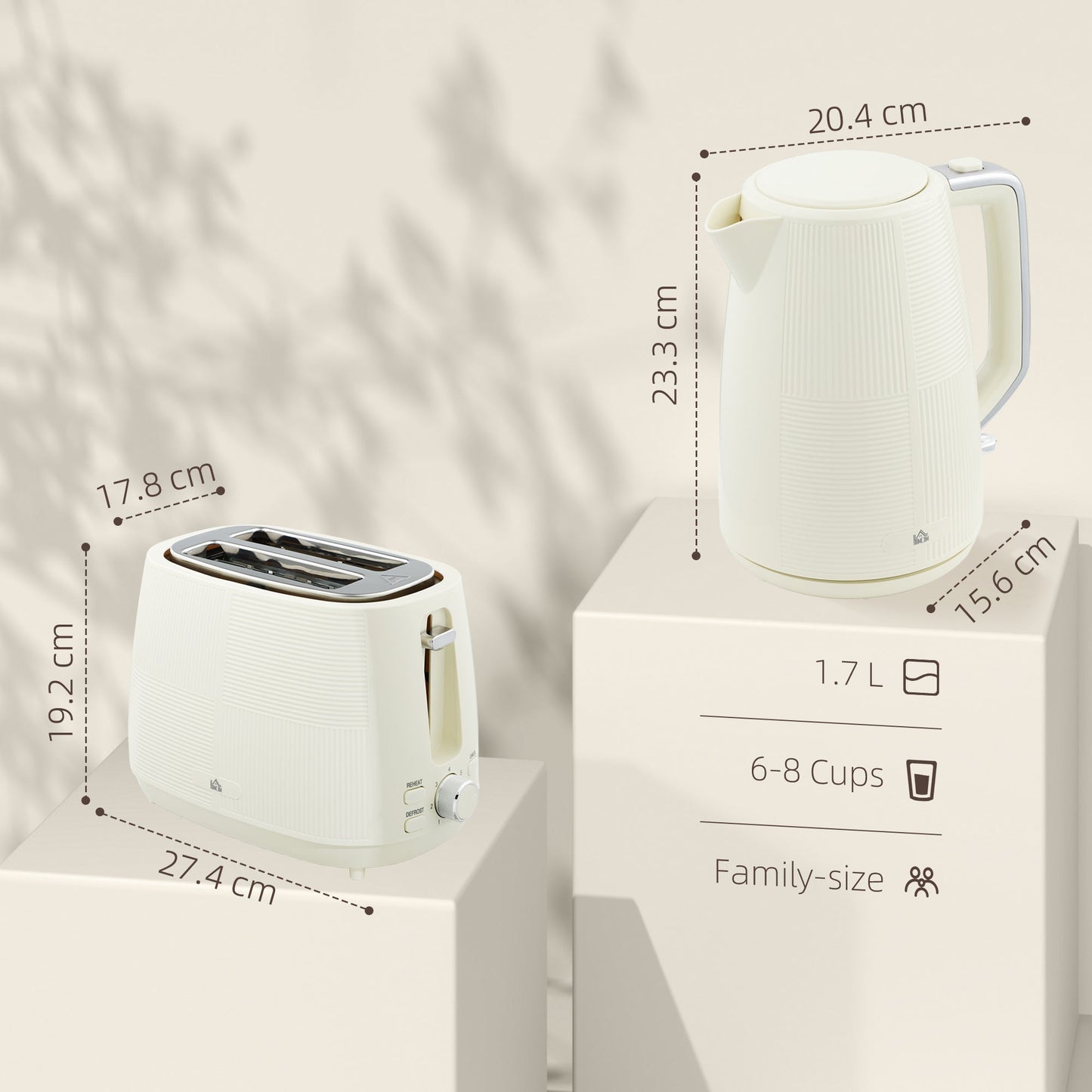Zestaw HOMCOM z czajnikiem i tosterem, 1,7 l, 3000 W, czajnik z funkcją szybkiego gotowania i tosterem na 2 kromki, 7-stopniową regulacją opiekania, rozmrażaniem, podgrzewaniem, zabezpieczeniem przed gotowaniem na sucho, kremowo-biały