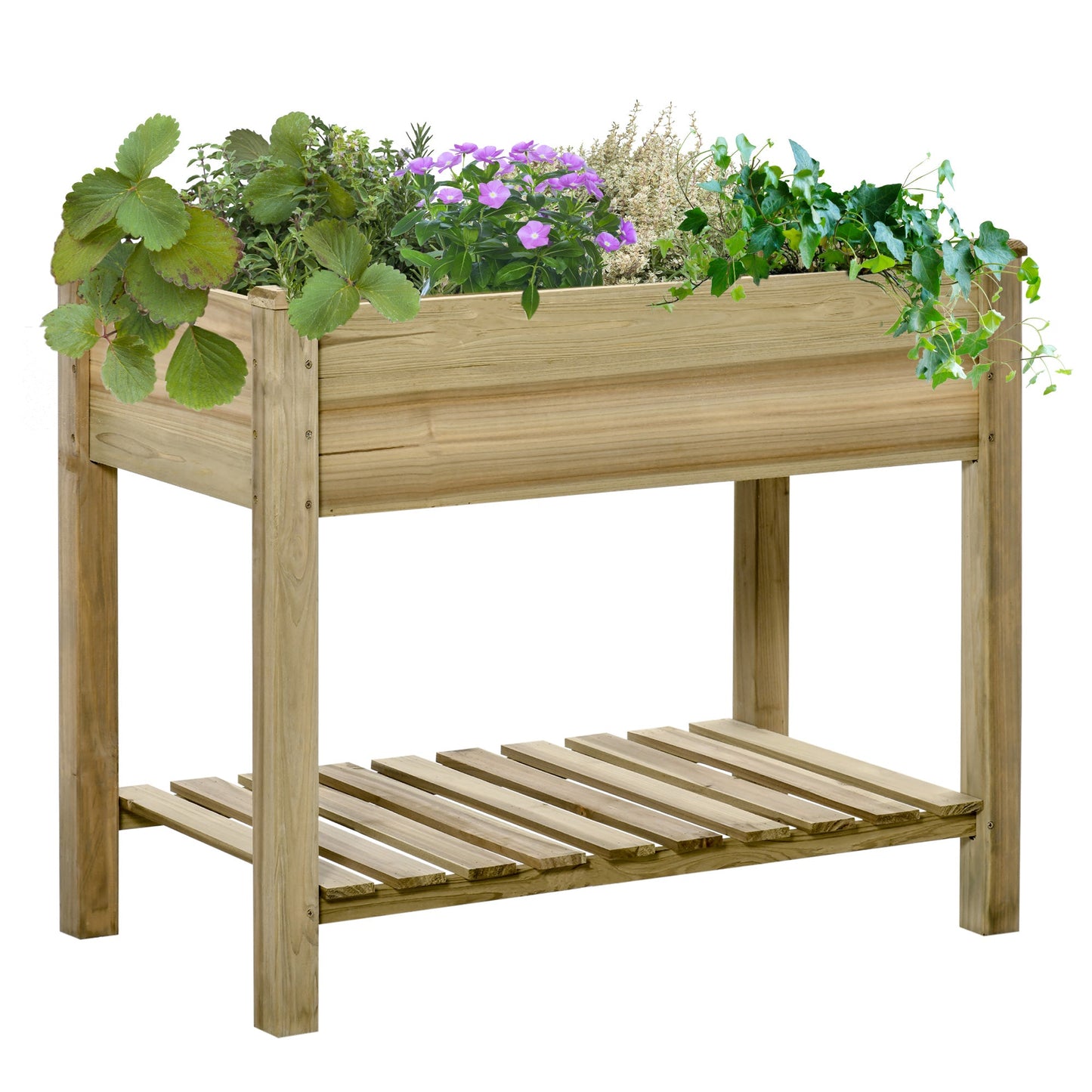 Outsunny Garden Wooden Planters, Raised Garden Bed with Legs and Storage Shelf Elevated Wooden Planter Box