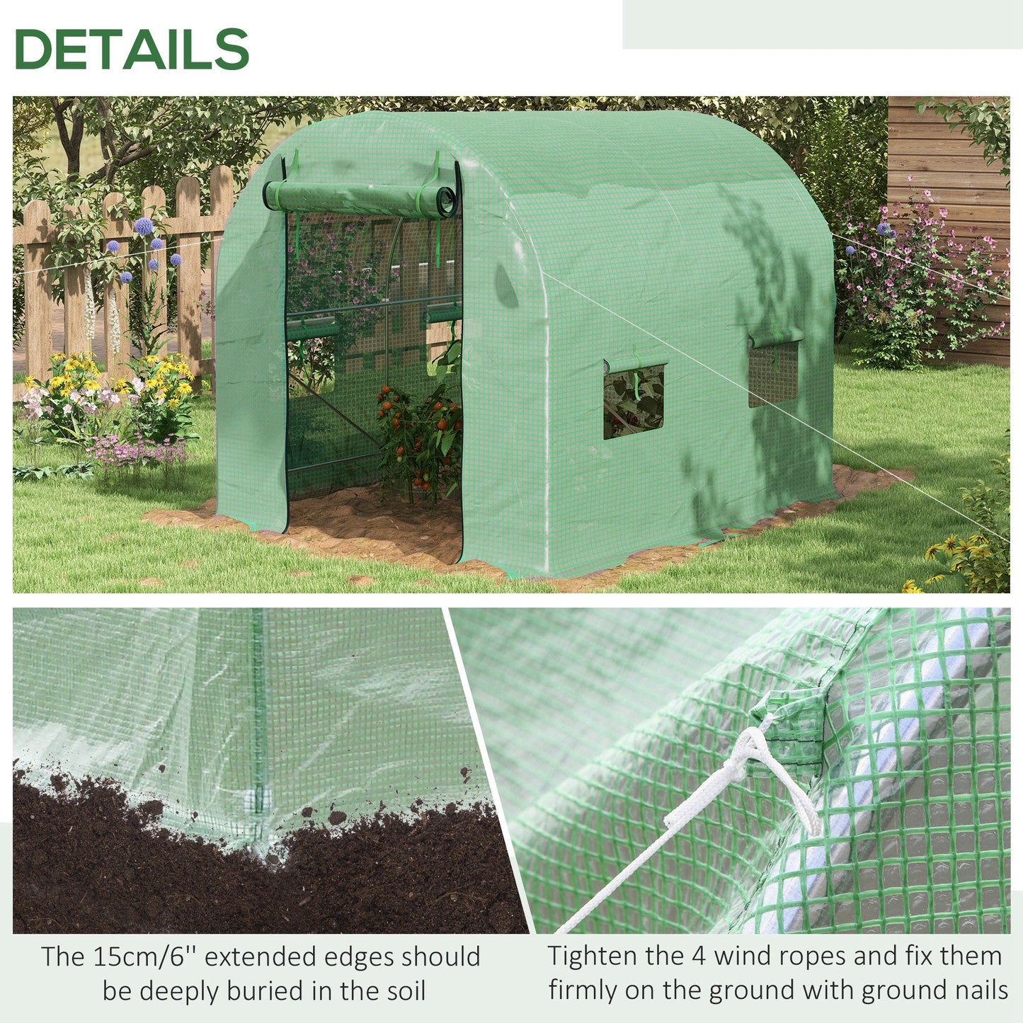 Tunel foliowy Outsunny Walk-In Garden ze stalową ramą, osłoną z PE, drzwiami zwijanymi i 4 oknami, 2,5 x 2 m, zielony