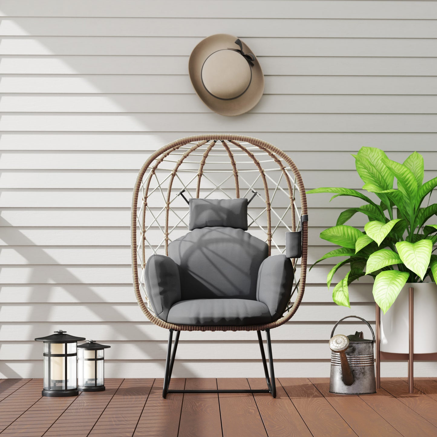 Outsunny Rattan Egg Chair Outdoor Indoor Wicker Chair z pogrubioną poduszką i zagłówkiem, stojący ogrodowy Egg Chair z uchwytem na kubek, metalowa rama na patio, balkon, brązowy