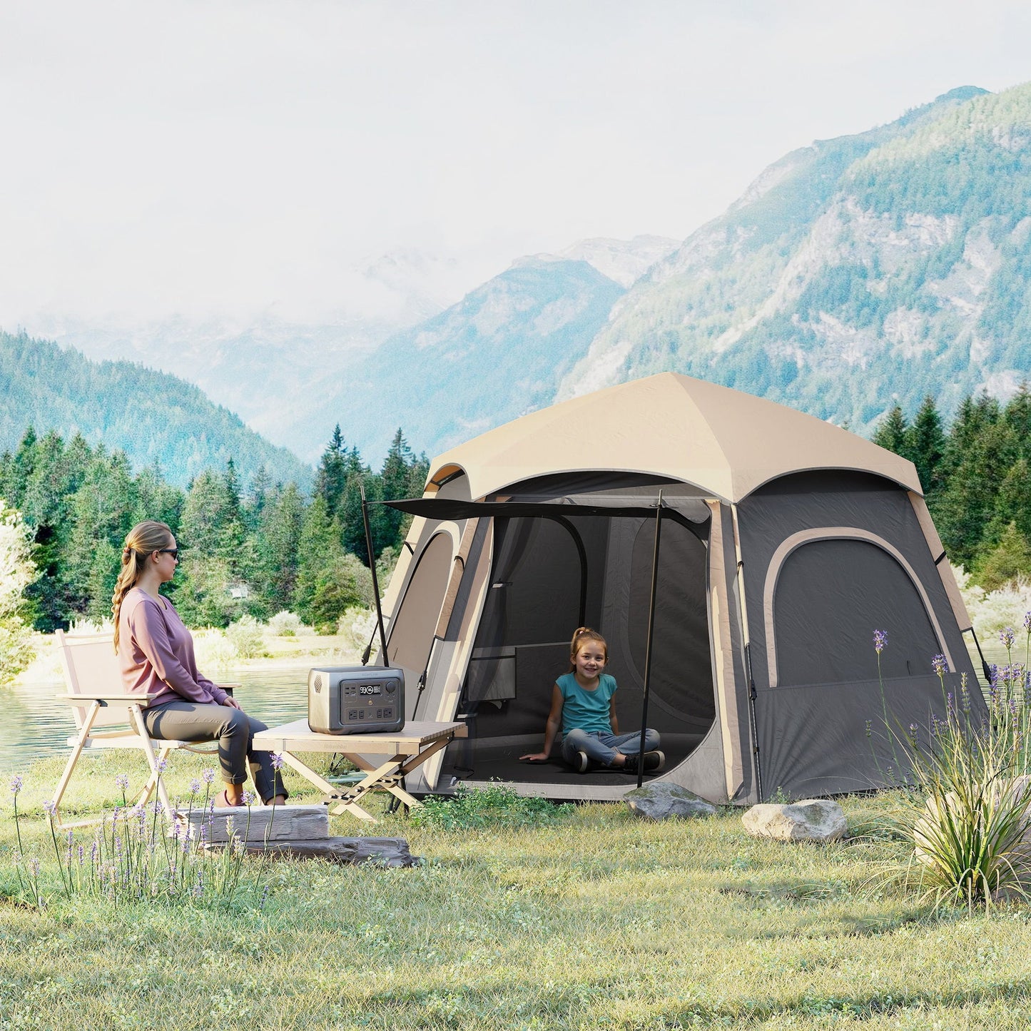 Outsunny Instant Pop Up Camping Tent, 2/3/4 osobowy łatwy w rozkładaniu namiot rodzinny z przedsionkiem, tropikiem, 4 oknami z siatki i 2 drzwiami, sześciokątny design, wodoodporny i z ochroną UV, ciemnoszary