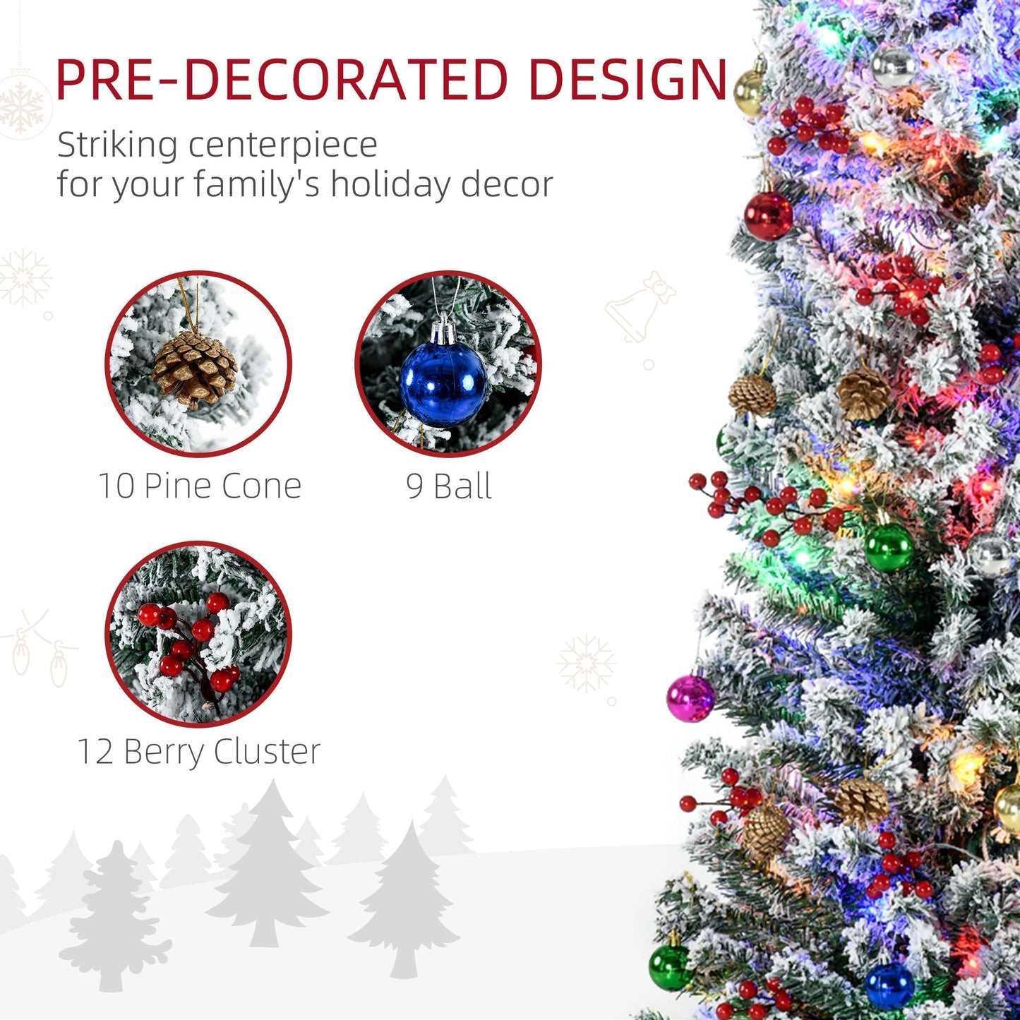 HOMCOM 6' Artificial Prelit Christmas Trees Holiday Decor with Colourful LED Lights, Flocked Tips, Berry, Pine Cone