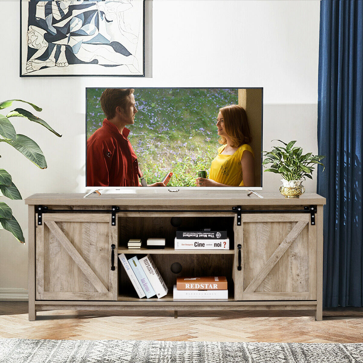Wooden TV Stand for 65” Television with 2 Cabinets
