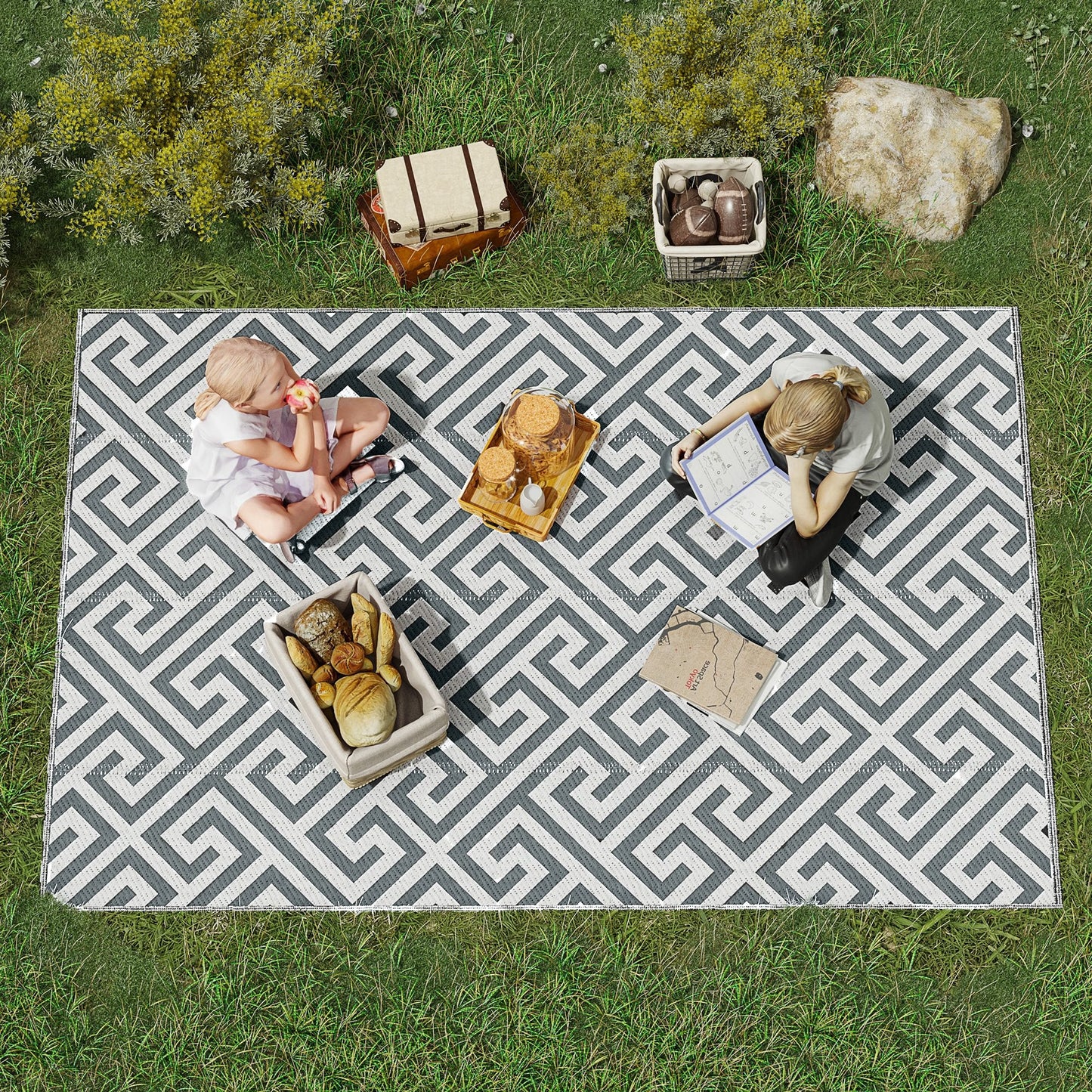 Outsunny Dywan Zewnętrzny Reversible Mat Plastikowy Dywan Słomiany Przenośny RV Camping Mata Ogrodowa Piknik Wewnątrz, 152x243 cm, Jasnoszary