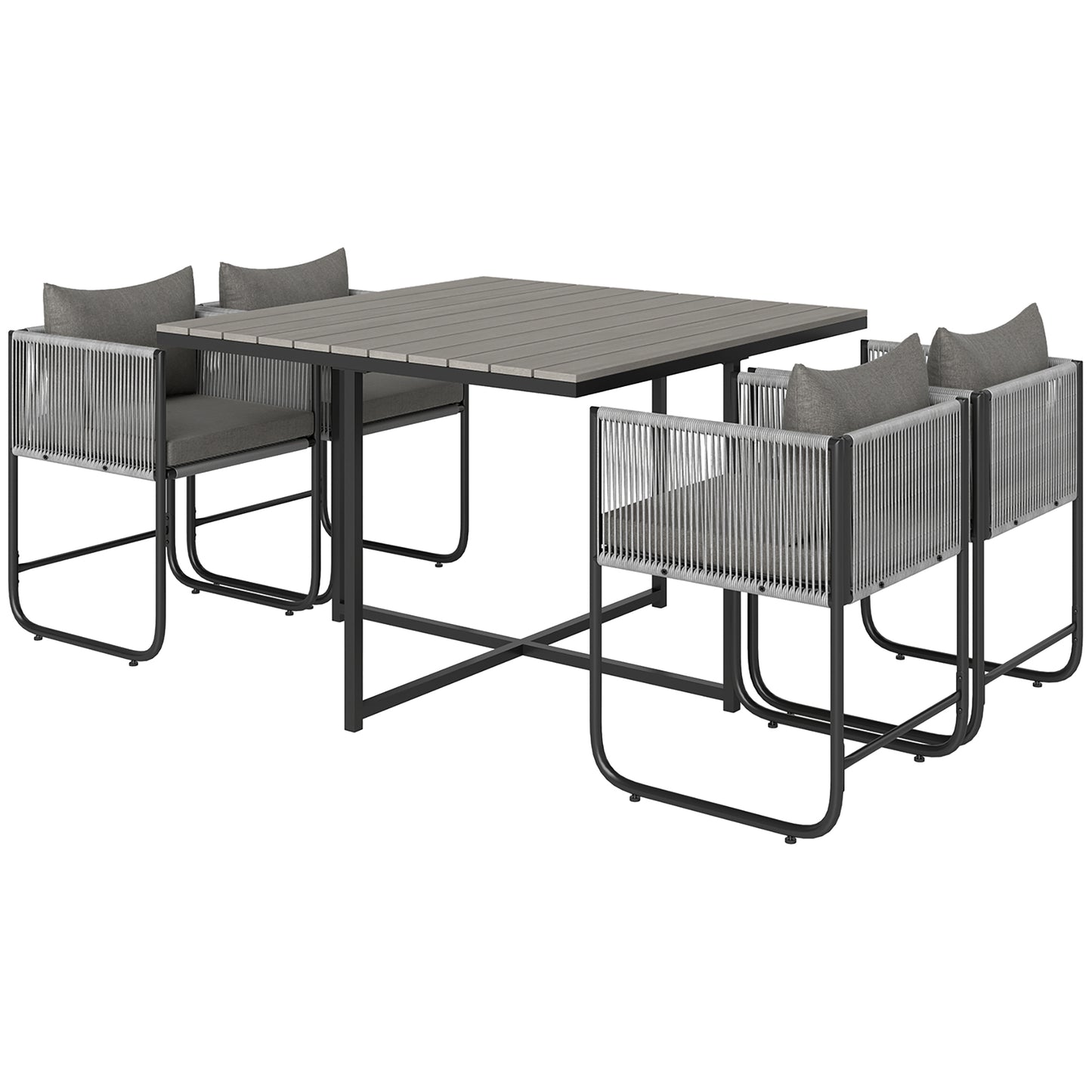 Zestaw mebli ogrodowych Outsunny 4 Seater Rattan Cube, zestaw jadalny z rattanu z poduszkami, stół jadalny i krzesła zewnętrzne z prostokątnym blatem z tworzywa sztucznego o strukturze drewna na patio, balkon, szary