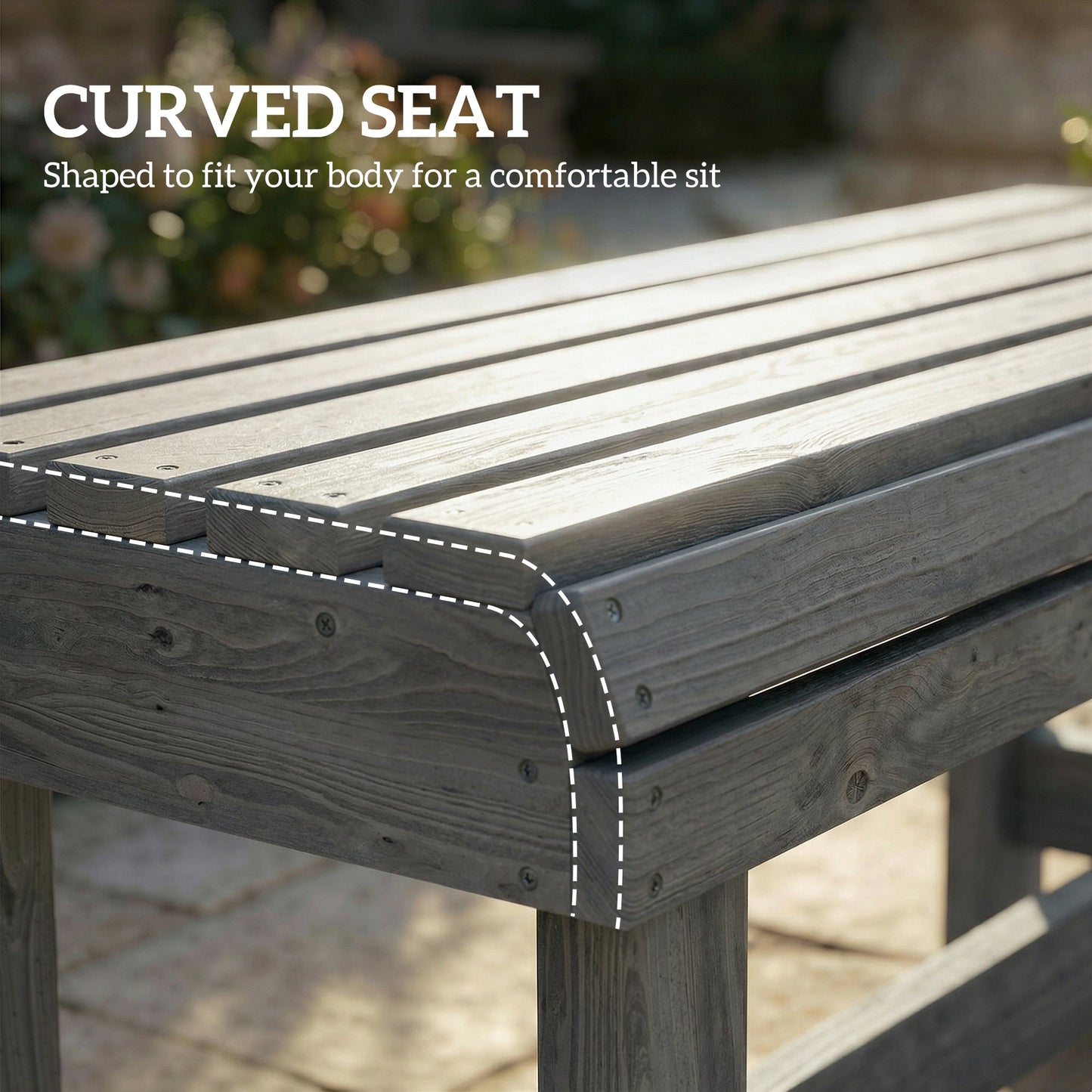 Outsunny Wooden Outdoor Bench, 2 Seater Garden Bench, Backless Patio Bench with Slatted Curved Seat, Grey Embossed Finish