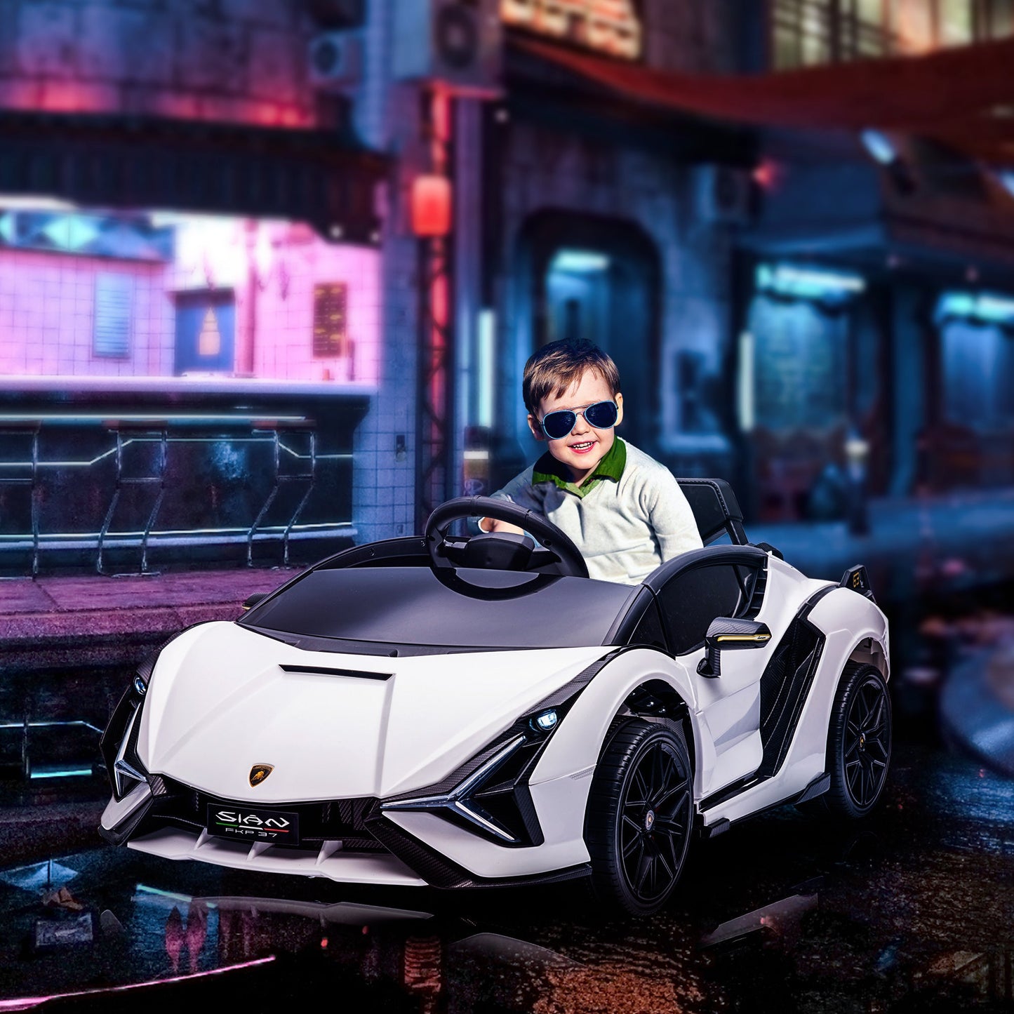 HOMCOM Lamborghini Sian Licencjonowany 12V Elektryczny Samochód Dziecięcy Do Jazdy 2 Silniki Zabawka Samochodzik Z Pilotem Muzyka Światła MP3 dla 3-5 Lat Biały