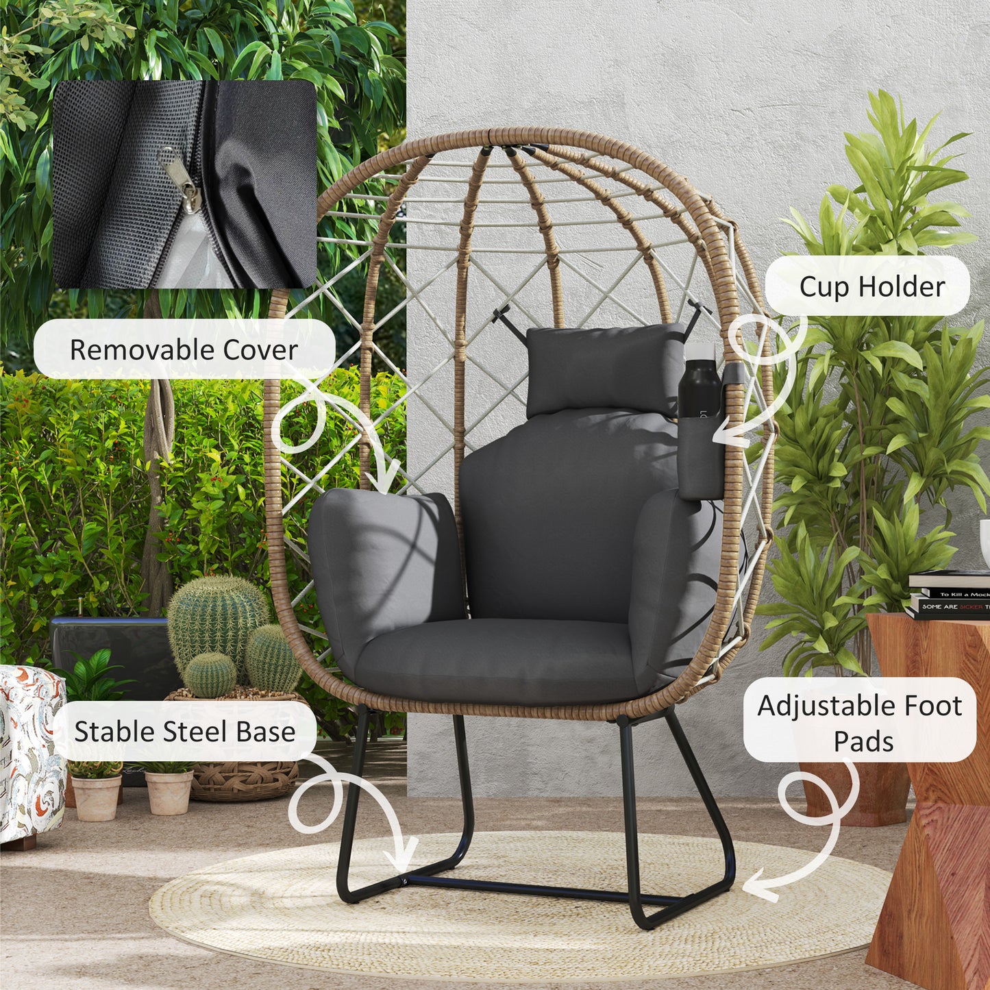Outsunny Rattan Egg Chair Outdoor Indoor Wicker Chair z pogrubioną poduszką i zagłówkiem, stojący ogrodowy Egg Chair z uchwytem na kubek, metalowa rama na patio, balkon, brązowy