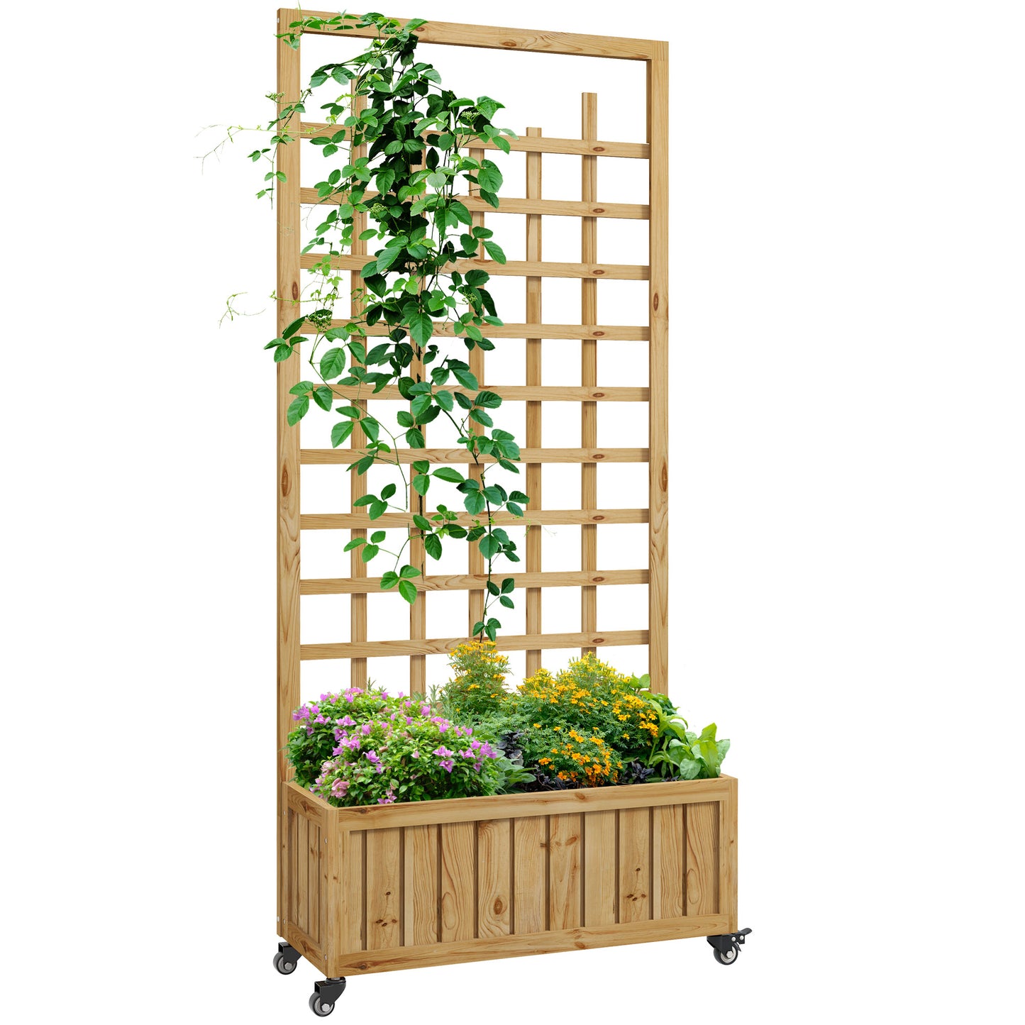 Outsunny Wooden Trellis Planter, Raised Garden Bed with Wheels and Bed Liner, to Climb and Grow Vegetables, Herbs and Flowers