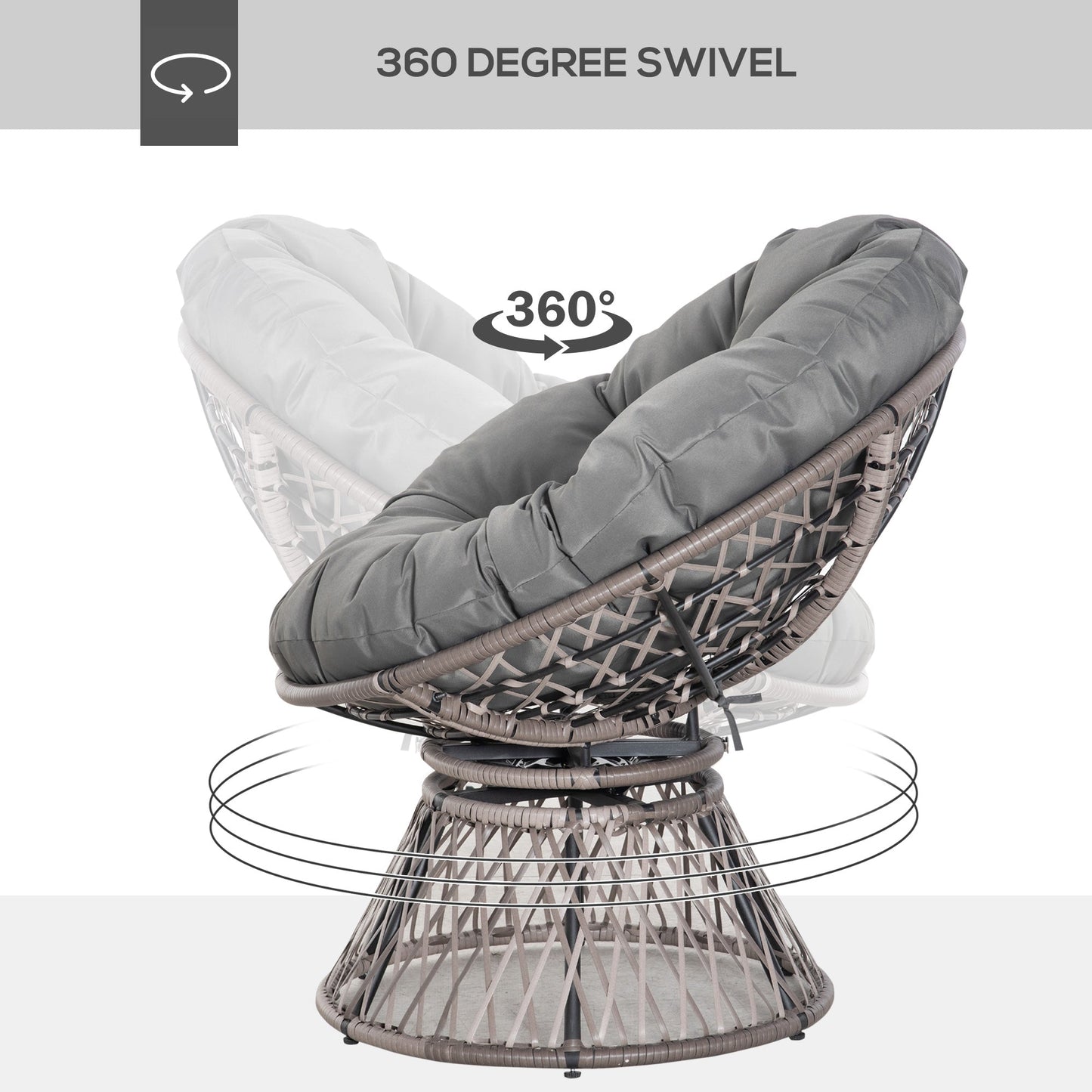 Outsunny 360¡ Swivel Rattan Papasan Moon Bowl Chair Round Lounge Garden Wicker Basket Seat with Padded Cushion Oversized for Outdoor Indoor, Grey