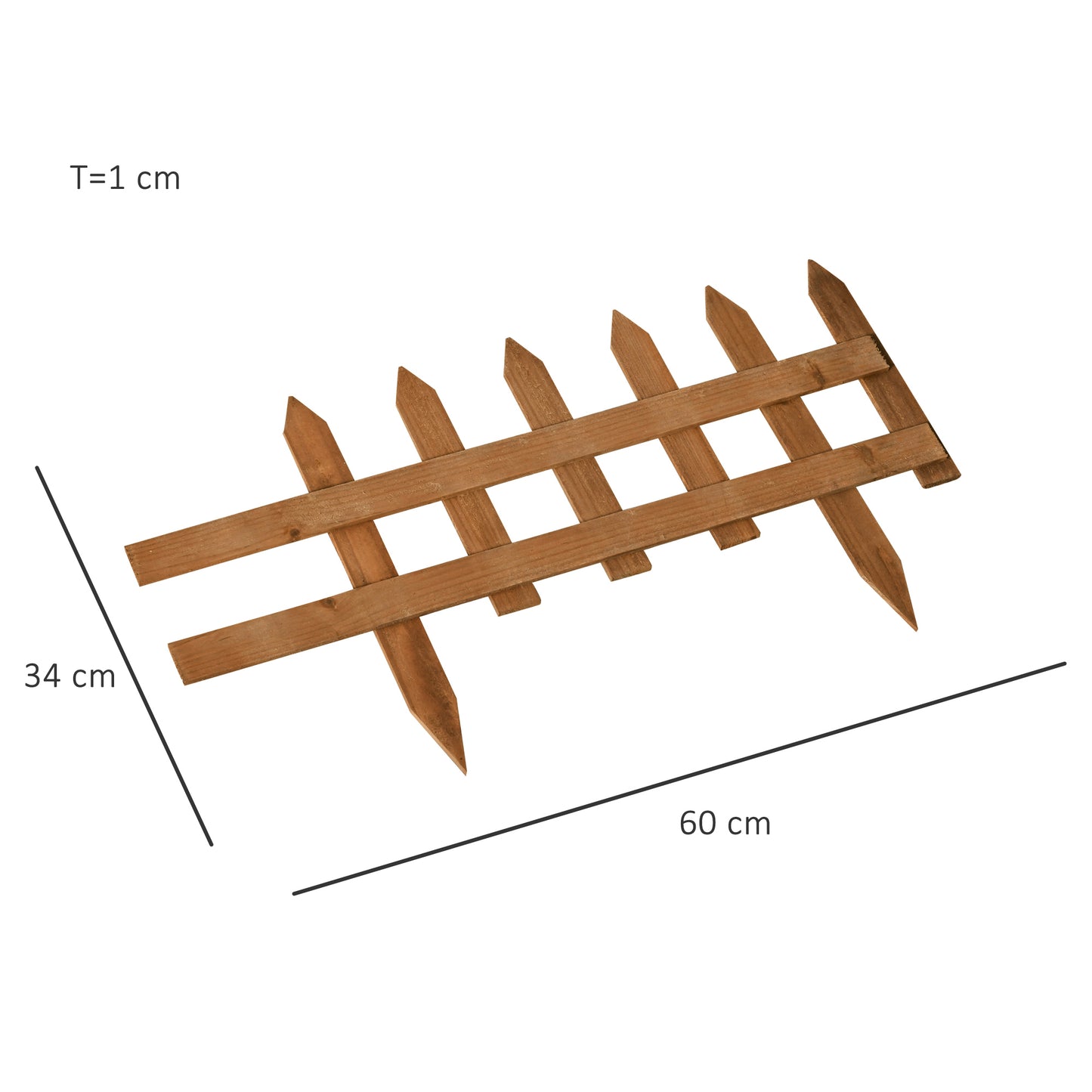 Zestaw 12 drewnianych płotów ogrodzeniowych Outsunny, stały płot ogrodowy do obrzeży trawnika, kwietnik, 60 dł. x 1 gł. x 34 wys. cm, brązowy