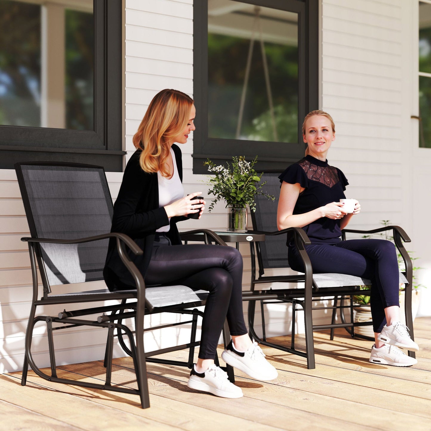 Outsunny Gliding Jack and Jill Seat, with Glass-Top Table - Brown/Grey