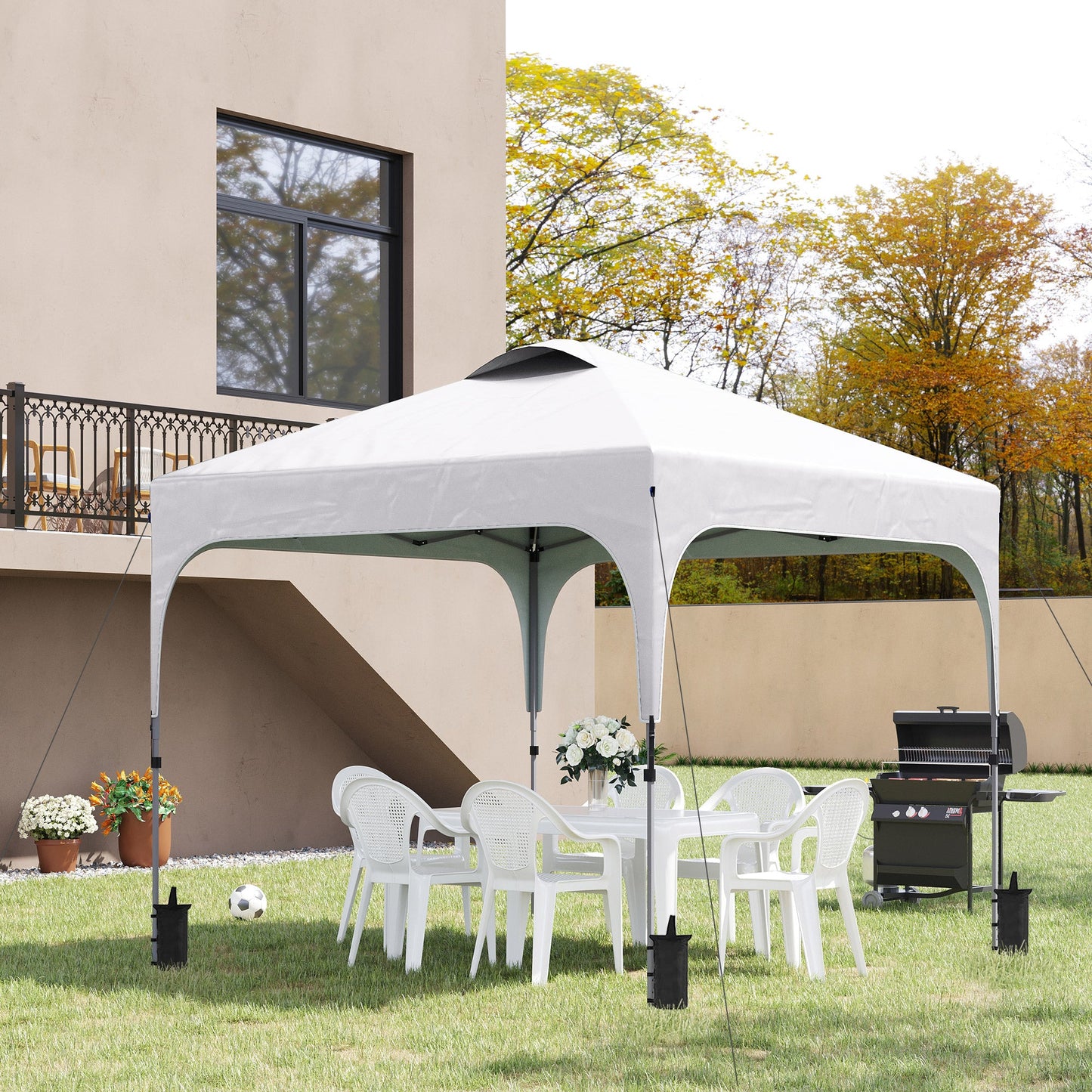 Outsunny 3 x 3(M) Pop Up Gazebo, składany namiot z baldachimem UPF 50+ z torbą transportową na kółkach, 4 worki na nogi, regulowany na wysokość namiot, łatwy w rozstawianiu dla 1 osoby na imprezę na patio w ogrodzie na świeżym powietrzu, biały