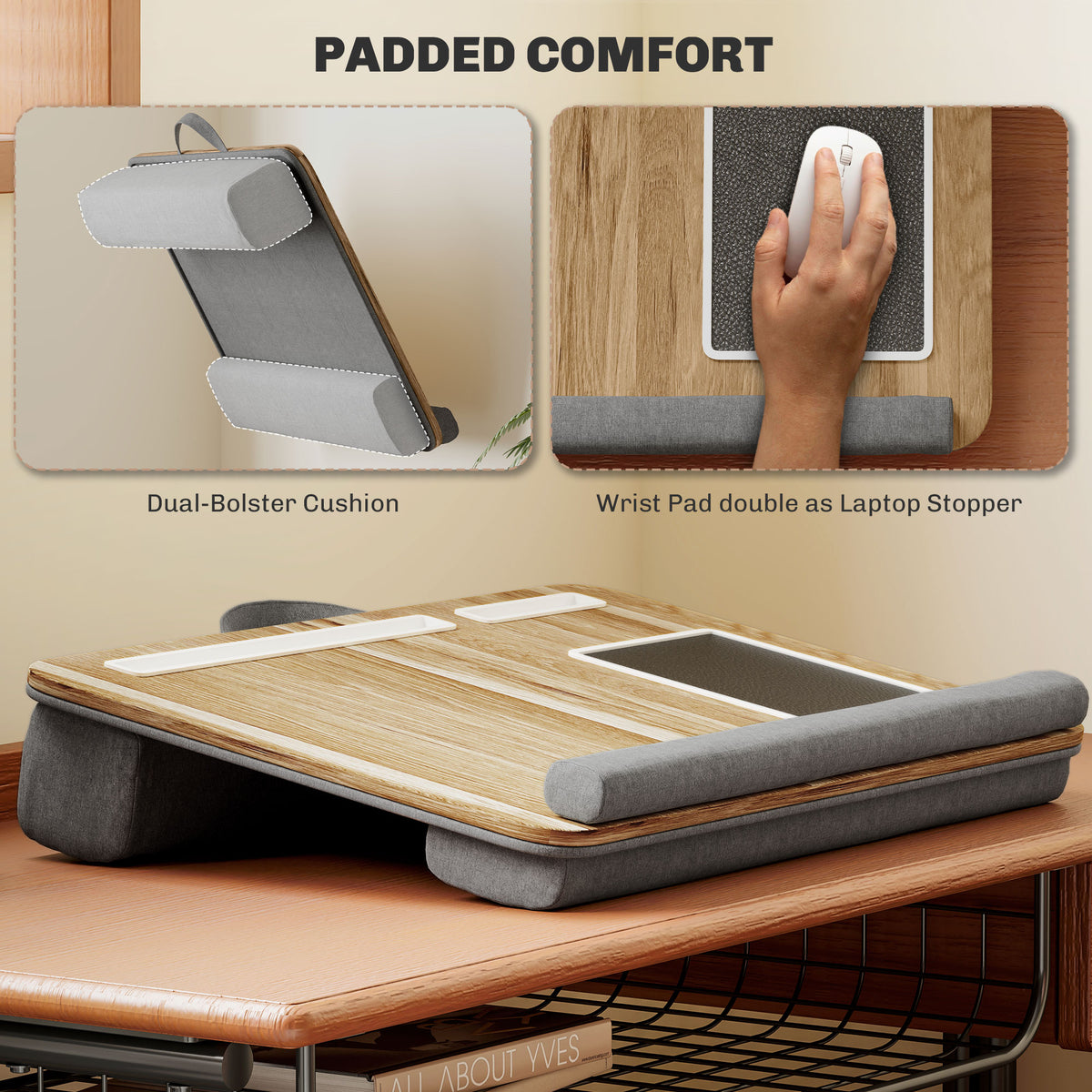HOMCOM Lap Desk for Bed Sofa, Laptop Tray with Cushion Mouse Pad, Wrist Rest & Phone Holder, Fits Up to 15.6" Laptops, Oak Grey