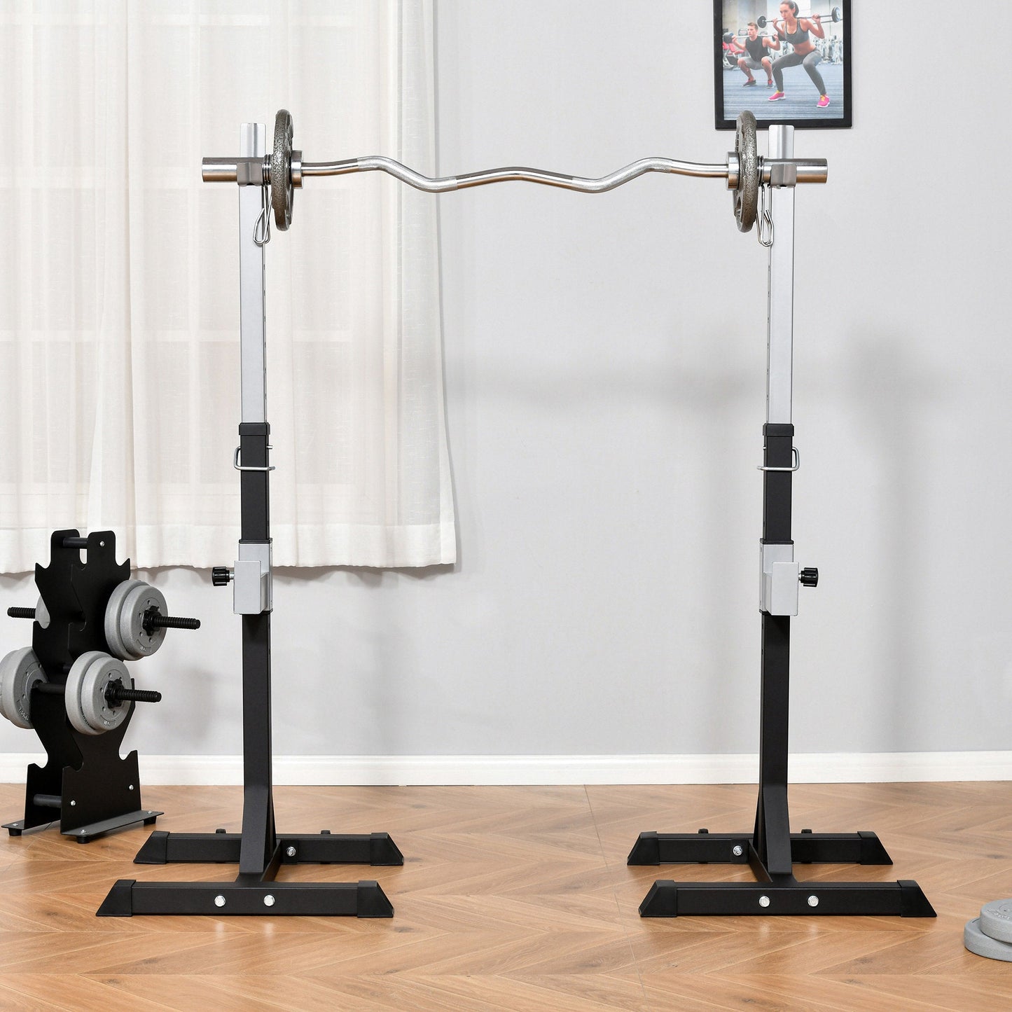 HOMCOM Barbell Squat Rack Adjustable Weight Lifting Bench Max Load 150kg Gym Fitness Strength Training Push up Dip Stand with Wheels