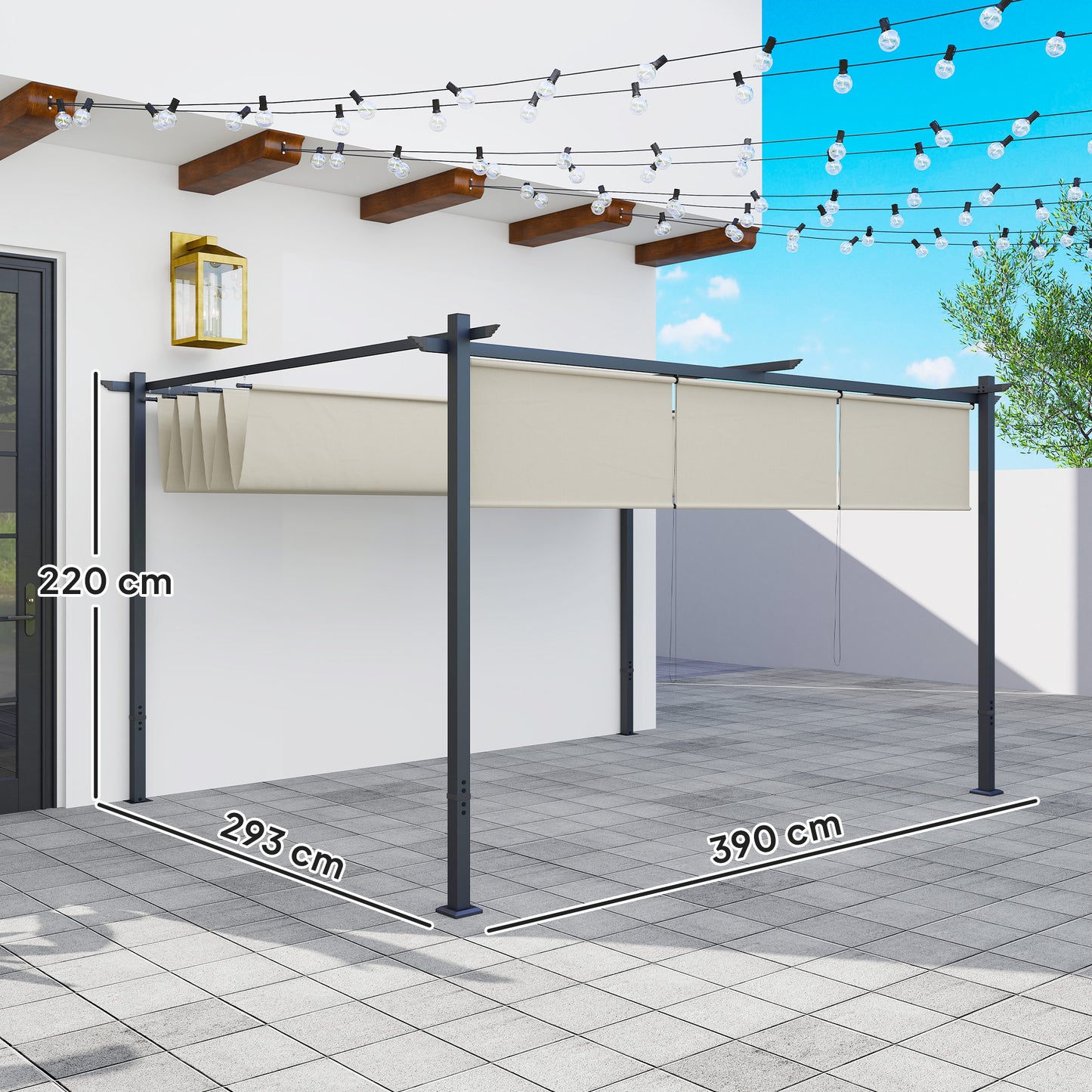Outsunny 3 x 4m Metalowa pergola z chowanym dachem i roletą, montowana na ścianie lub wolnostojąca ogrodowa altana z baldachimem, UPF30+ zewnętrzna osłona przeciwsłoneczna, beżowa