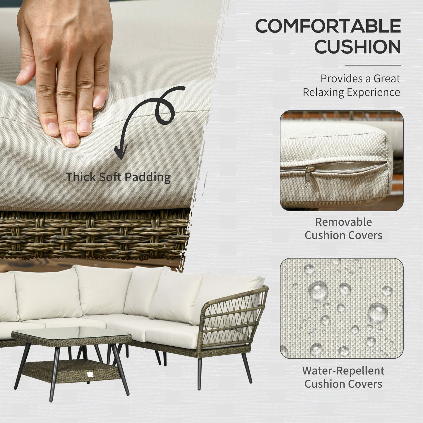 Outsunny 5-częściowa narożna sofa ogrodowa z rattanu, okrągła i podwójna, półokrągła, pleciona, rattanowa, meble ogrodowe z grubymi, wyściełanymi poduszkami i blatem ze szkła hartowanego, dwupoziomowy stół, szary