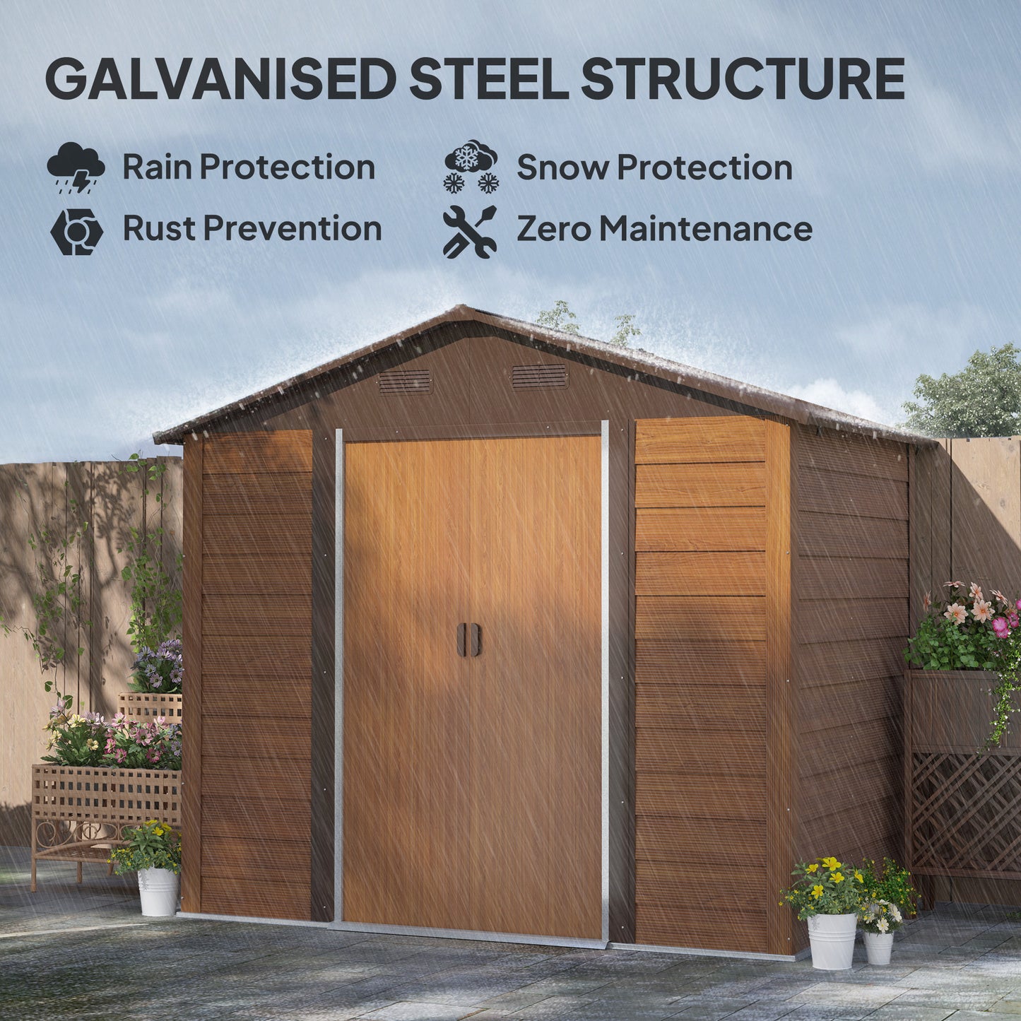 Outsunny 8 x 6ft Garden Storage Shed z przesuwanymi drzwiami - Brązowy efekt drewna
