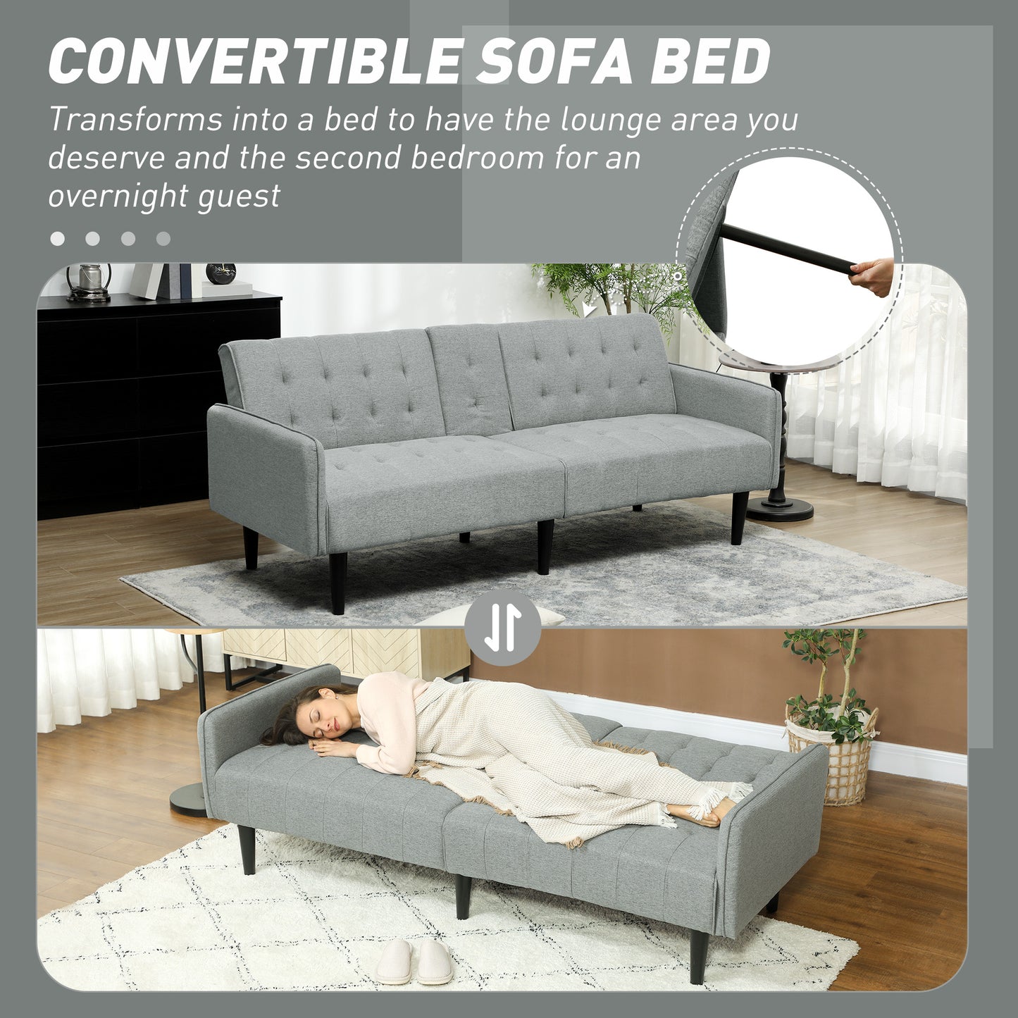 HOMCOM Upholstered Click Clack Sofa Bed, Linen-Feel 3 Seater Sofa Bed with Storage and Cupholders, Light Grey