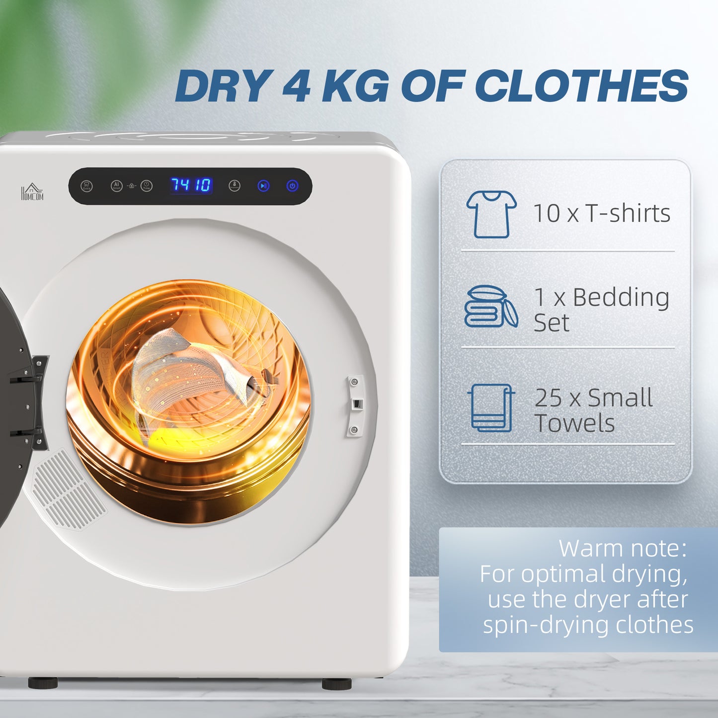 HOMCOM 4kg Vented Tumble Dryer, 1000W Compact Freestanding Front Tumble Dryer with Stainless Steel Tub, Timer, 6 Heat Settings, Small Portable Clothes Dryer, White
