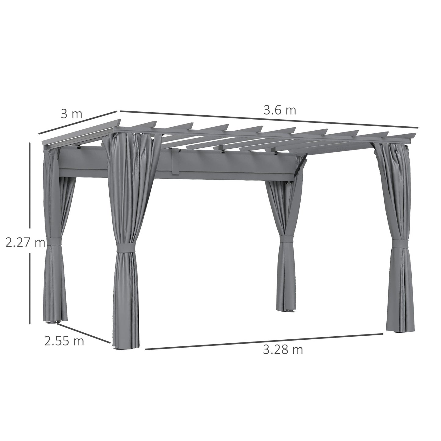 Outsunny 3,6 x 3(m) Pergola zewnętrzna z chowanym dachem i zasłonami, zadaszenie altany ogrodowej z aluminiową ramą, ciemnoszary