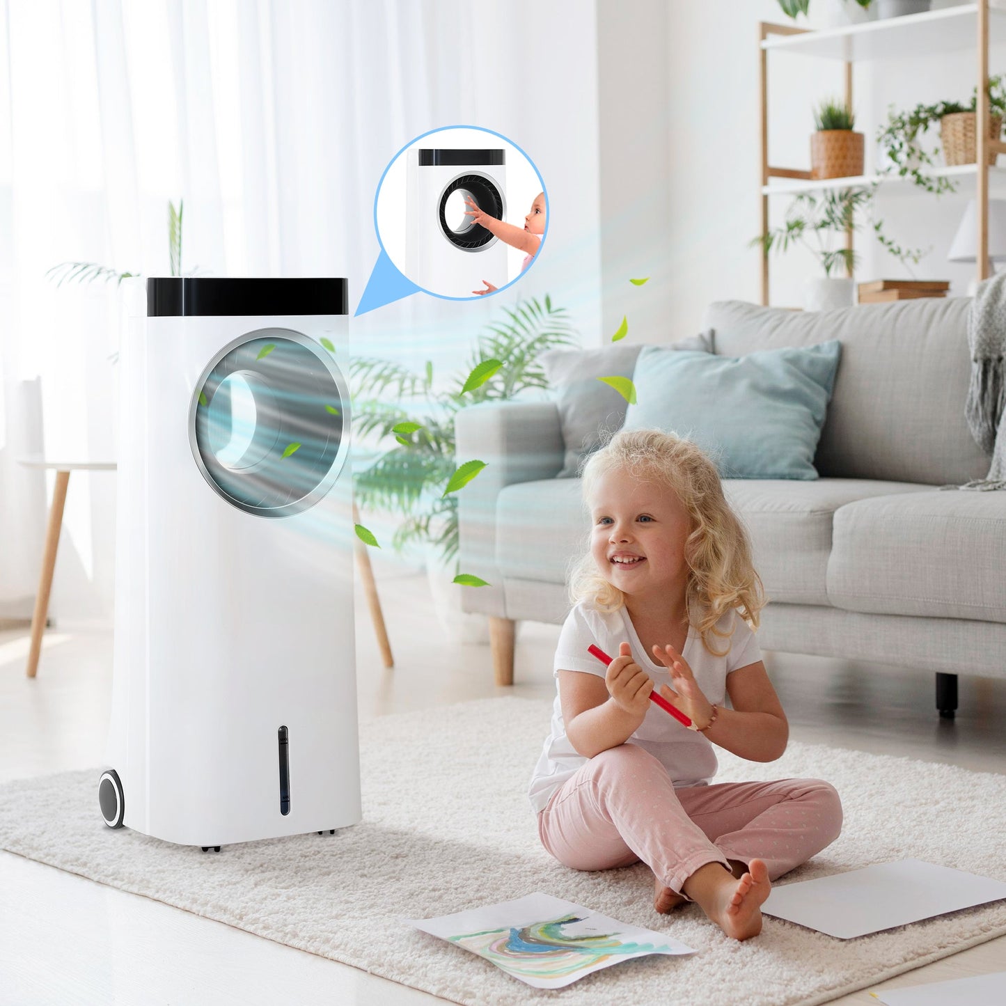 HOMCOM Parownik chłodnicy powietrza, 6,5 l 4 w 1 bezłopatkowa przenośna chłodziarka, wentylator, nawilżacz, oczyszczacz powietrza z oscylacją, 3 prędkości, 24-godzinny timer, tryb uśpienia, 2 wkłady chłodzące, kółka, pilot, do biura domowego
