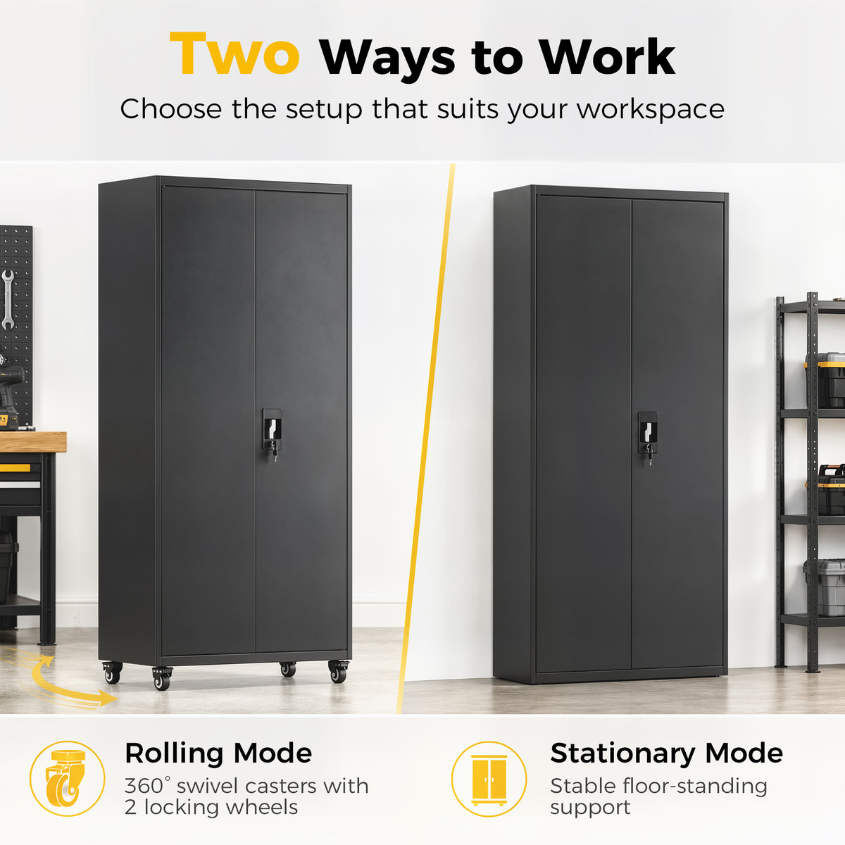 HOMCOM Metal Storage Cabinet, 180 cm Tall Lockable Steel Tool Cabinet with Removable Wheels and Adjustable Shelves, Black
