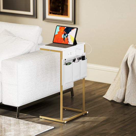 HOMCOM C-Shaped Bedside Table with Charging Station, Marble Grain Side Table with Power Outlets & USB Ports, Storage Bags, for Bedroom, Living Room, White