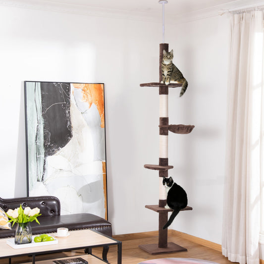 PawHut Floor to Ceiling Cat Tree Height Adjustable 230-260cm, 5-Tier Cat Tower with Scratching Post, Hammock, Perches, Climbing Activity Centre for Indoor Kittens, Brown