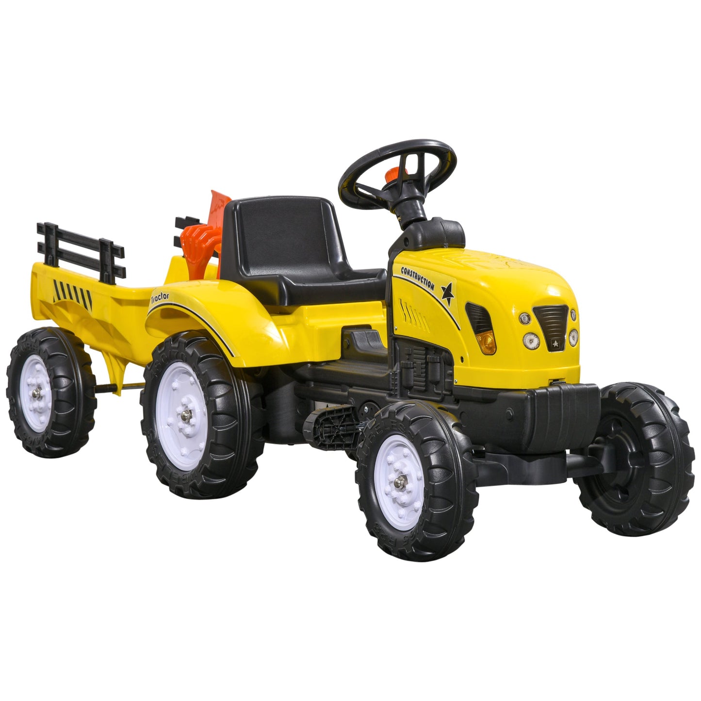 Gokart na pedały HOMCOM, dziecięcy traktor z przyczepą, łopatą i grabiami, klaksonem, czterokołowy traktor dla małych dzieci