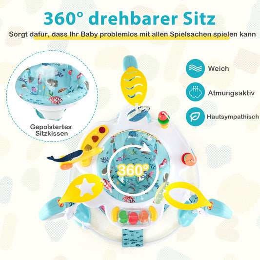 Baby Activity Center with Interactive Toys Musical Tray, Height Adjustable Baby Spinning Top Blue