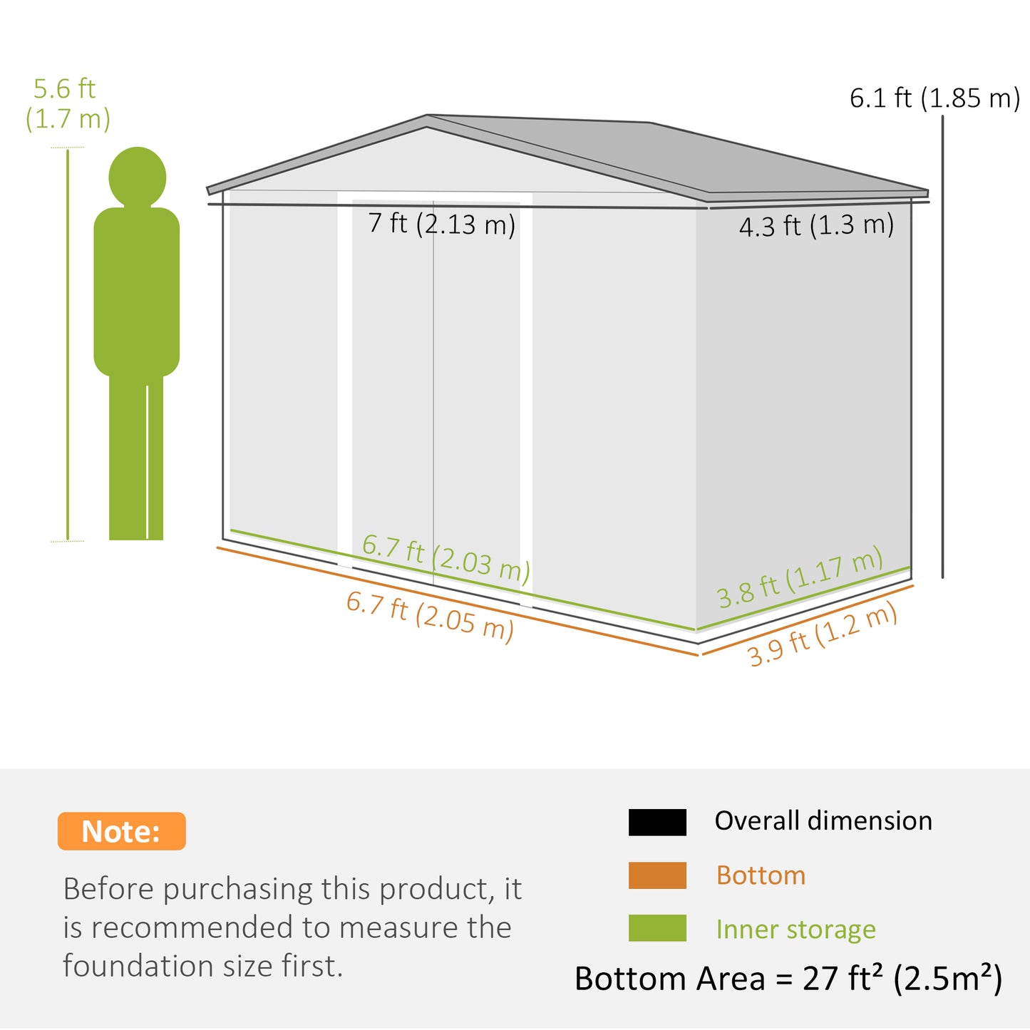 Domek ogrodowy Outsunny 7 x 4 stopy, metalowy, do przechowywania narzędzi na zewnątrz, z otworami wentylacyjnymi, zestawem fundamentowym i zamykanymi podwójnymi drzwiami, brązowy