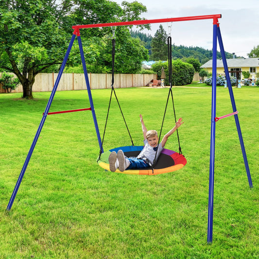 Metal Swing Frame with Ground Stakes and Carabiners-Blue & Red