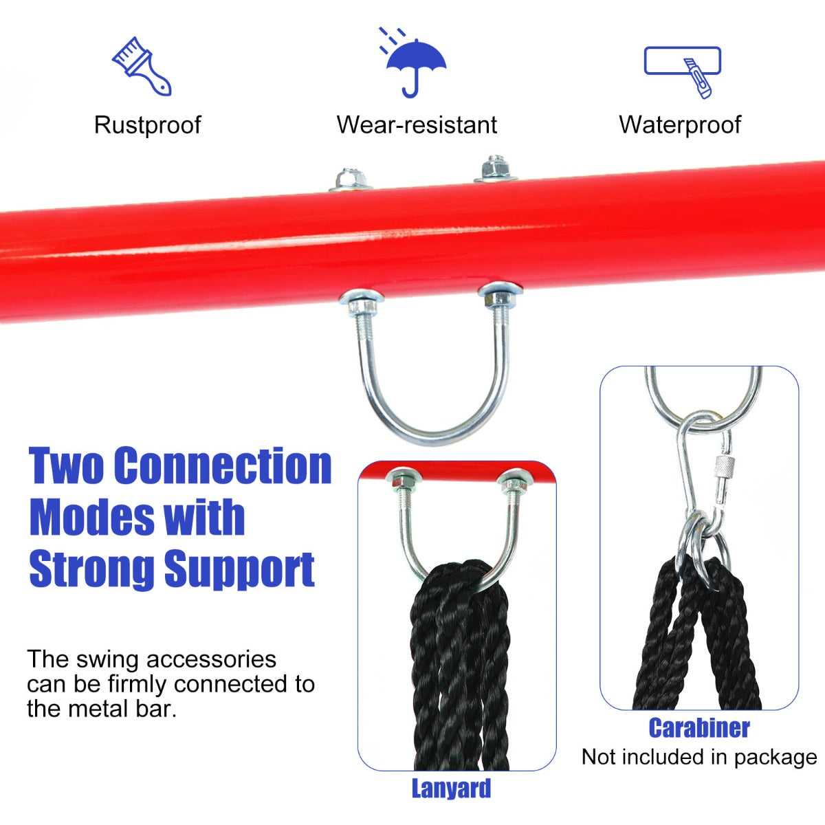 Metal Swing Frame with Ground Stakes and Carabiners-Blue & Red