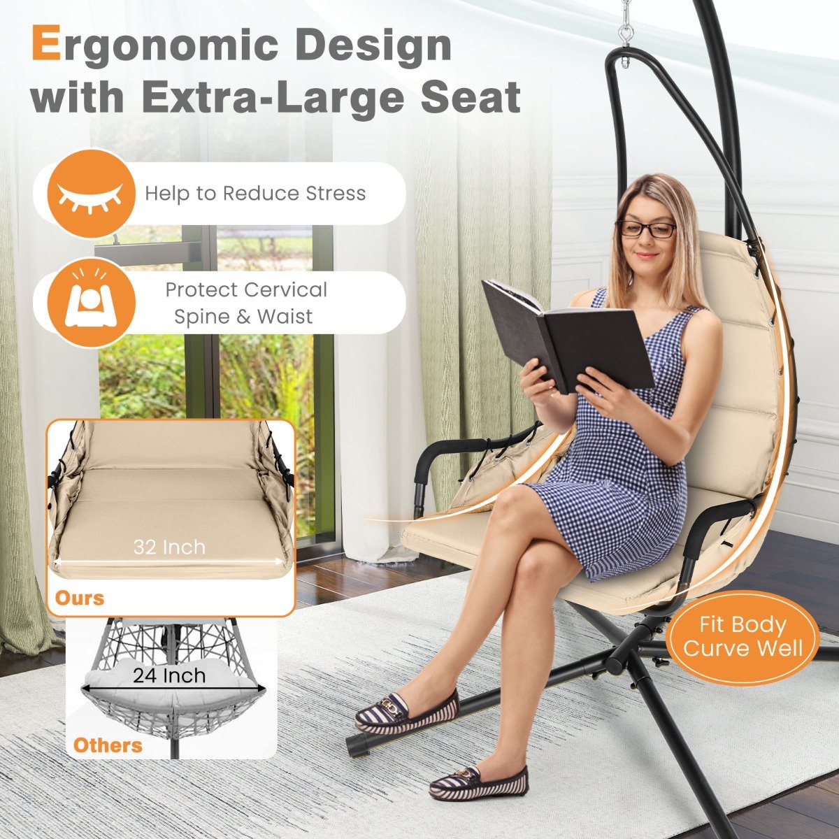 Hammock Swing Chair with Extra Large Padded Seat-Beige