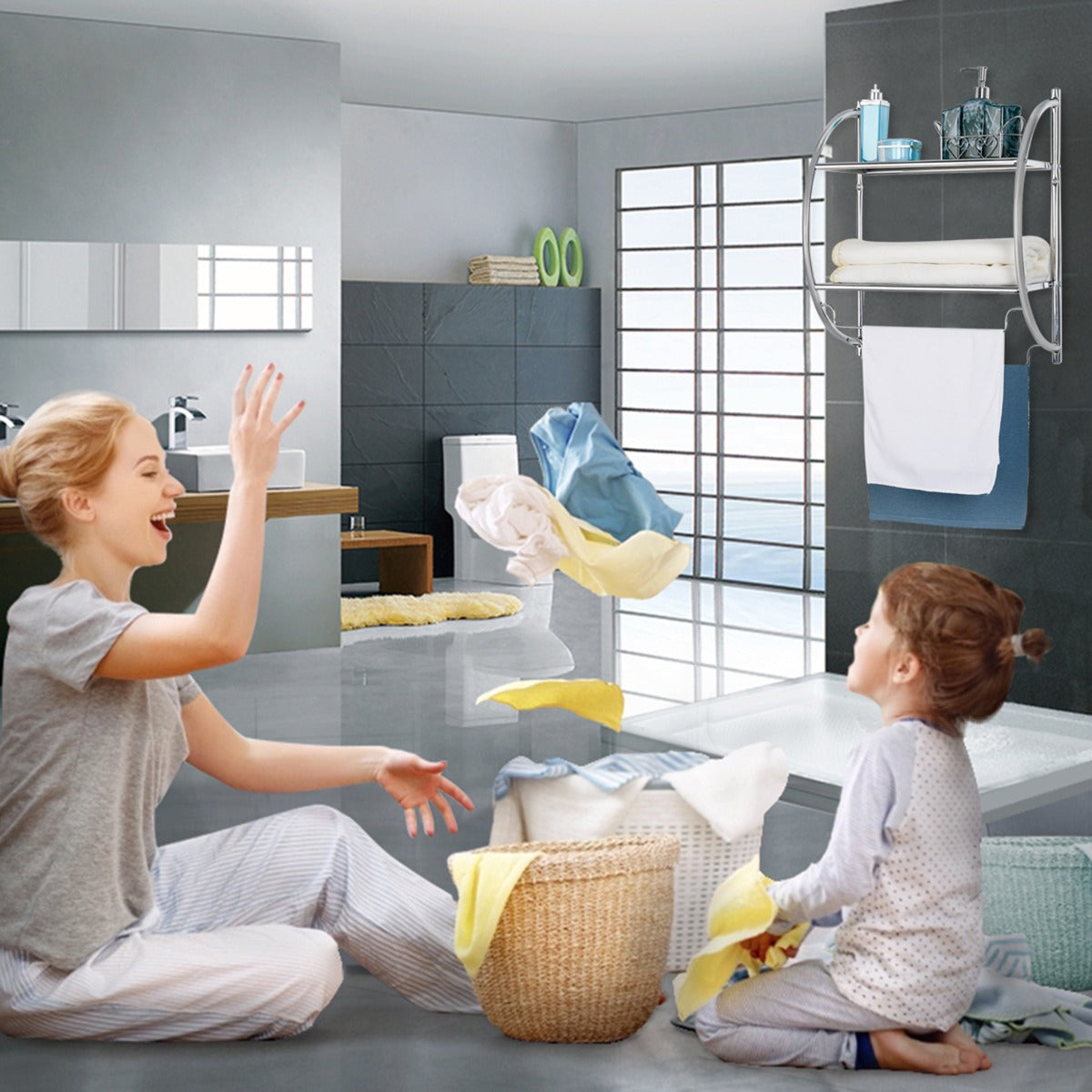 Wall Mounted Bathroom Shelves with Towel Holder-Silver