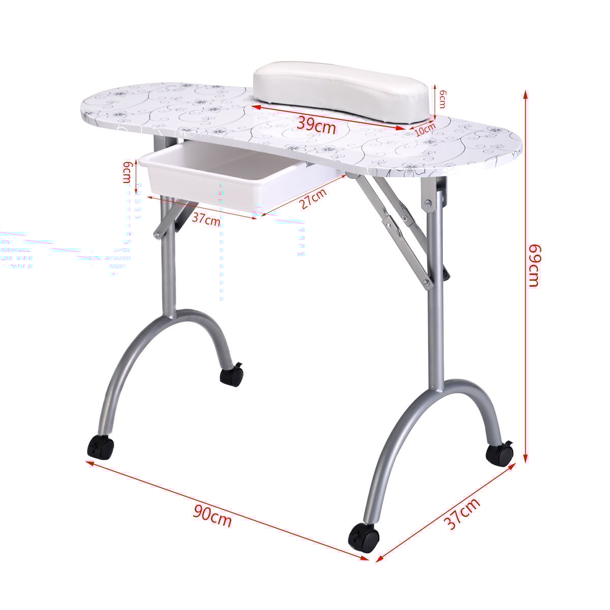 Portable Nail Table Station Manicure Tech Desk Nails Art Table 4 Rolling Wheels-White