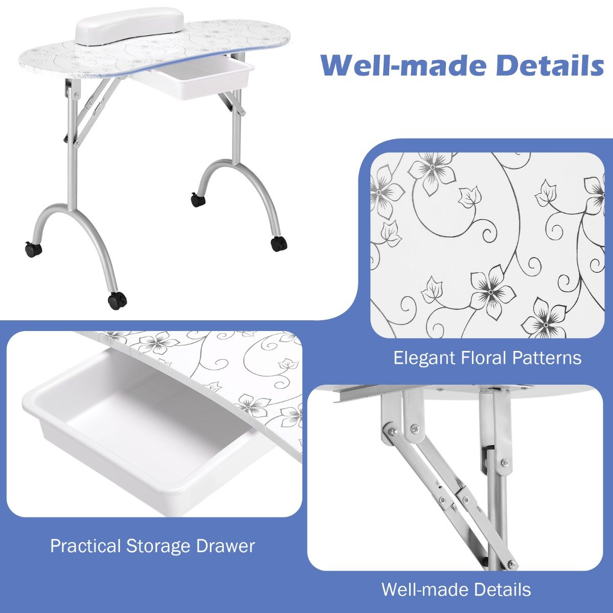 Portable Nail Table Station Manicure Tech Desk Nails Art Table 4 Rolling Wheels-White