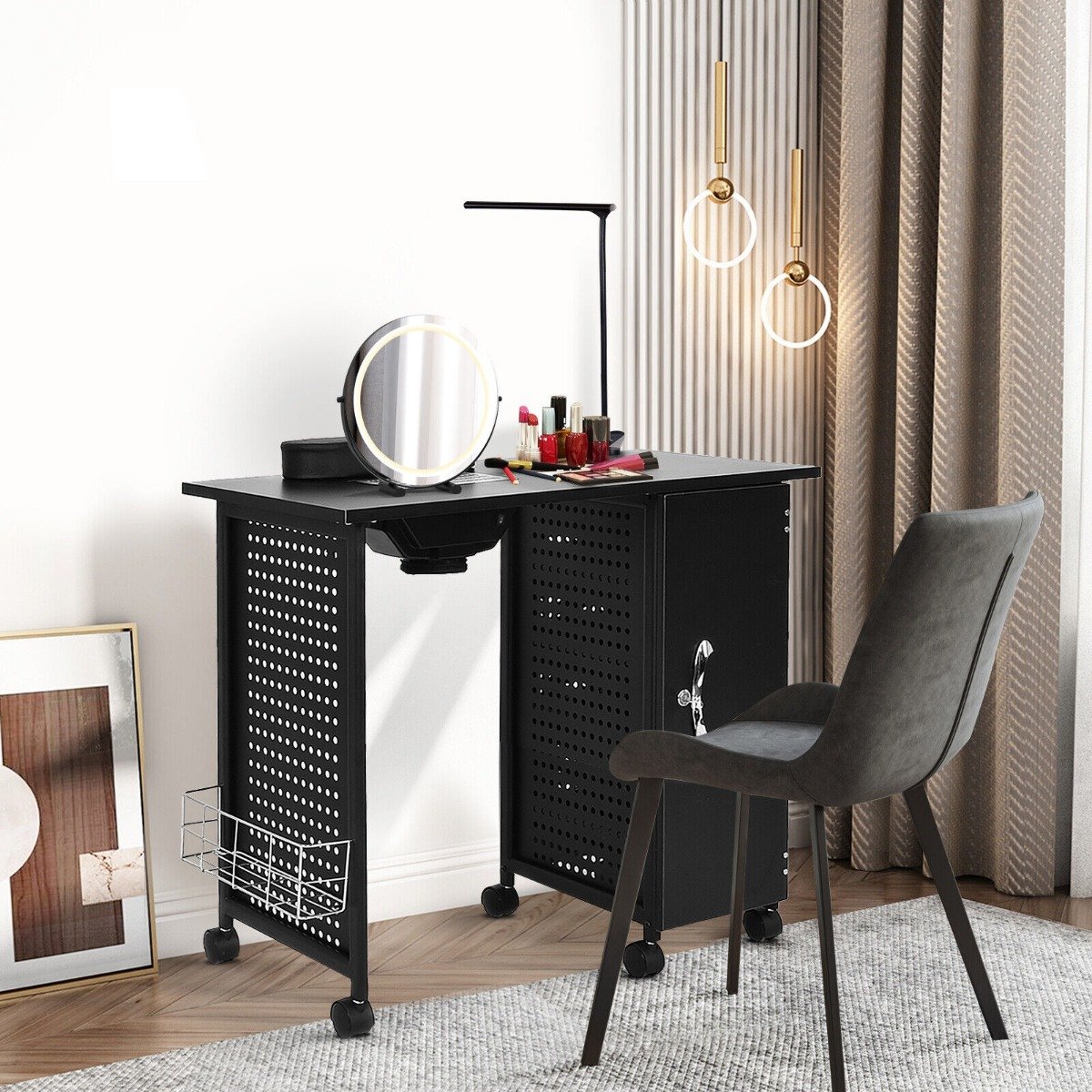 Mobile Manicure Nail Table with Electric Downdraft Vent and Adjustable LED Lamp-Black