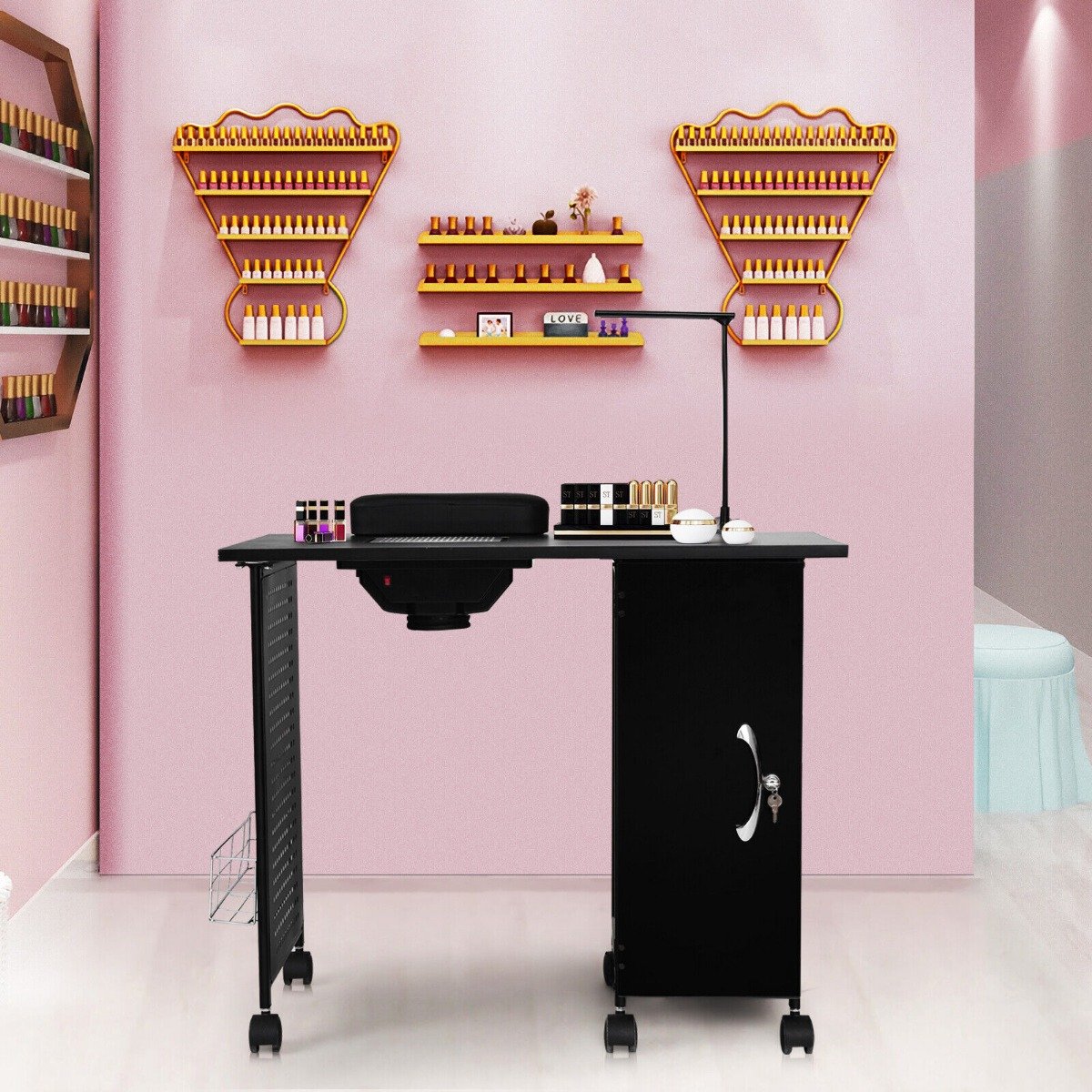 Mobile Manicure Nail Table with Electric Downdraft Vent and Adjustable LED Lamp-Black