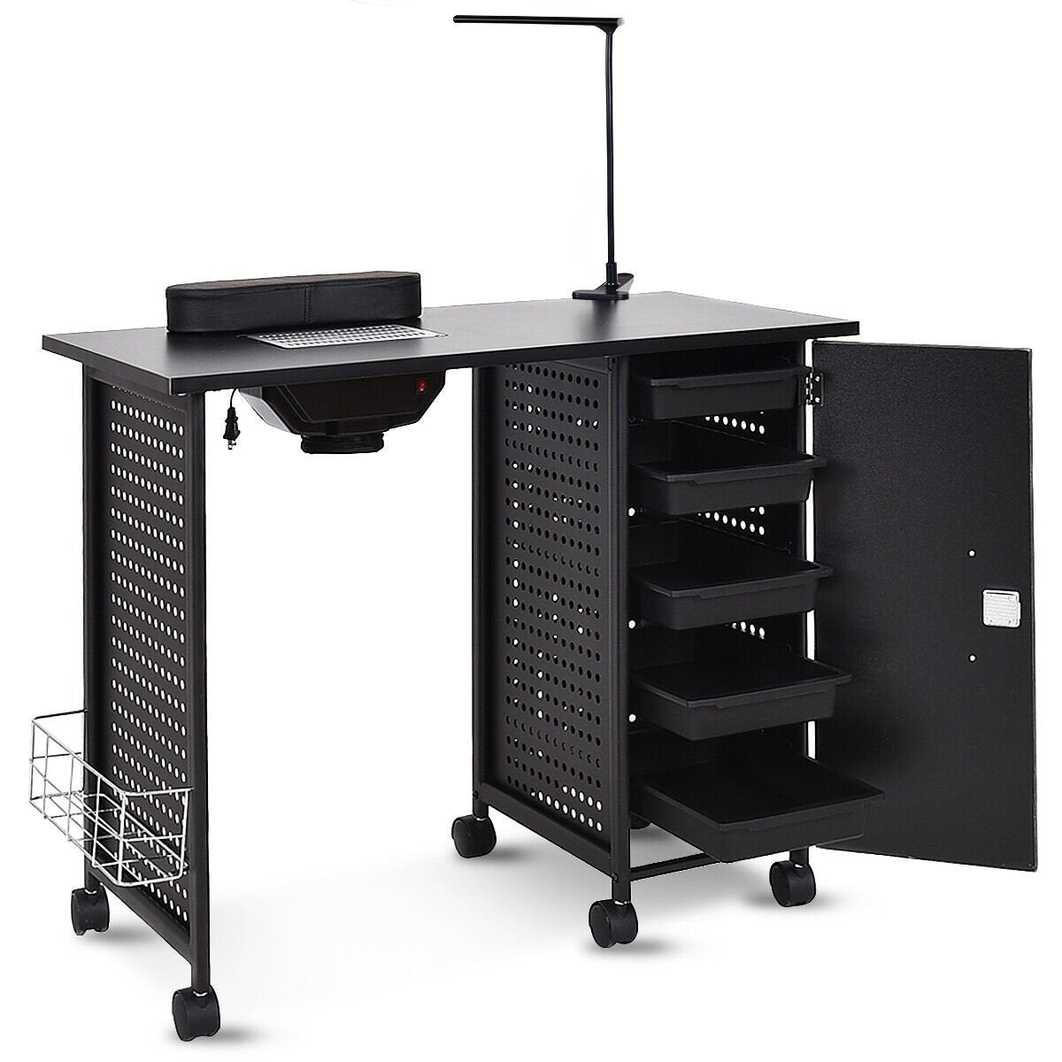 Mobile Manicure Nail Table with Electric Downdraft Vent and Adjustable LED Lamp-Black
