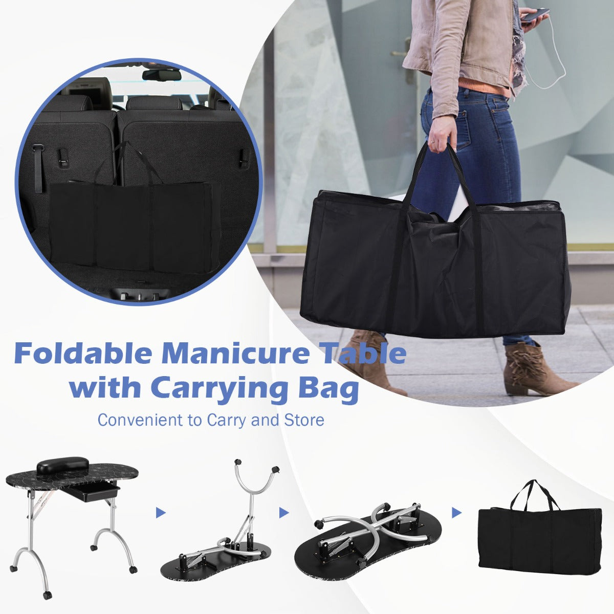 Portable Black Manicure Nail Table for Spa & Salon