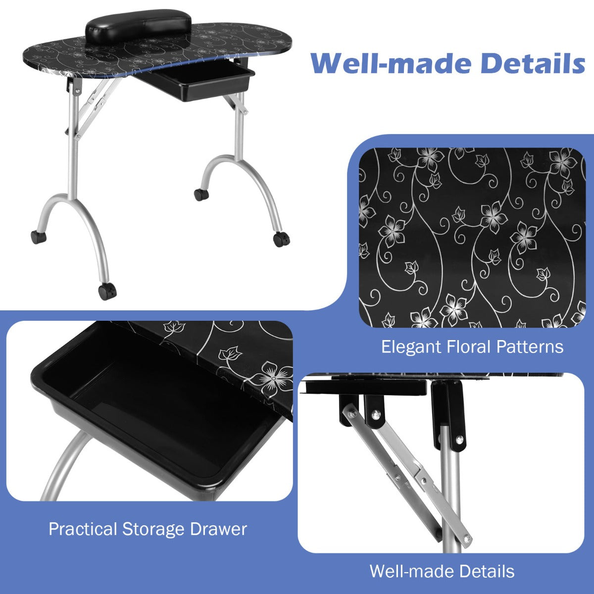 Portable Black Manicure Nail Table for Spa & Salon