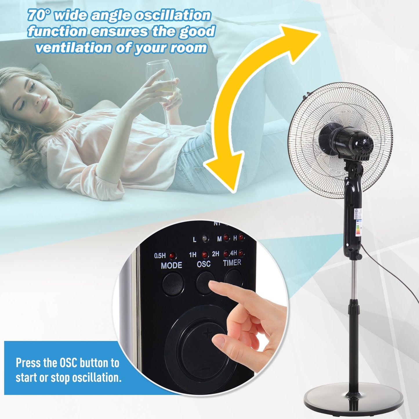 HOMCOM 18" Pedestal Fan, Oscillating Standing Fan with Remote Control, Floor Fan with Adjustable Height, 3 Speed, 7.5-Hour Timer, Black