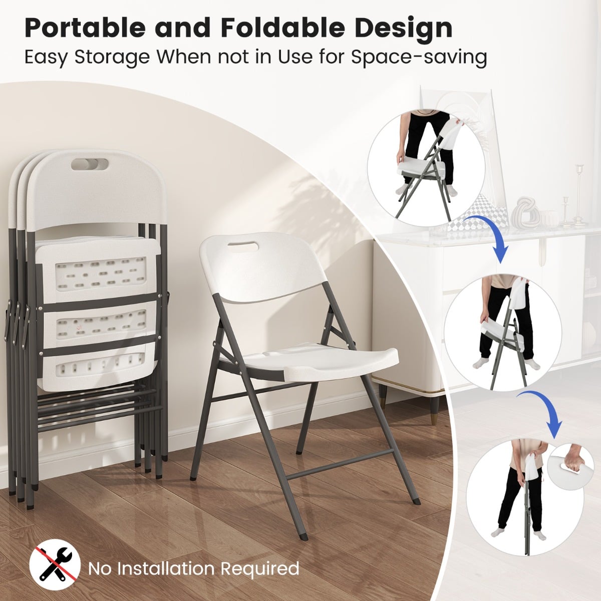 HDPE Plastic Folding Chairs with Metal Frame Set of 4 for Home Office-White