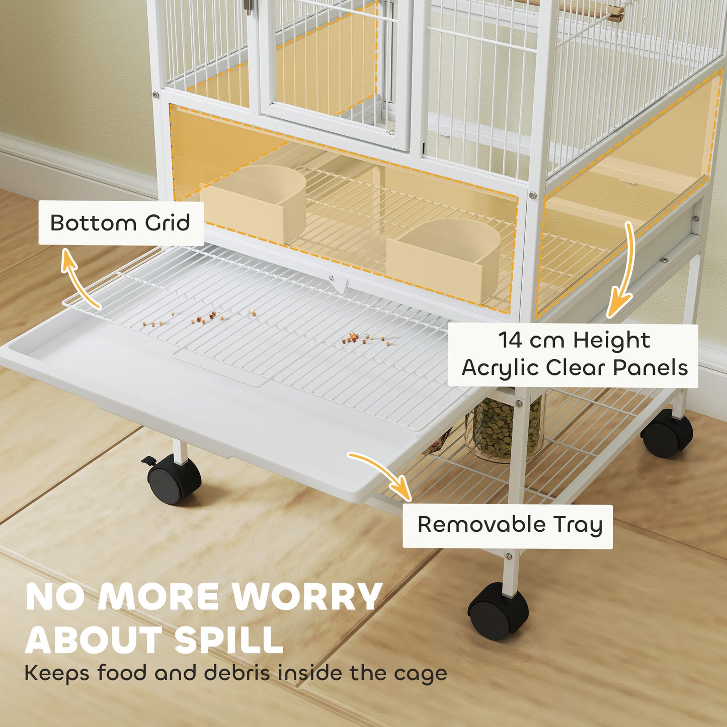 PawHut Bird Cage with Rolling Stand, Acrylic Viewing Panels, Storage Shelf, for Budgie, Parakeet, 48 x 46 x 83 cm